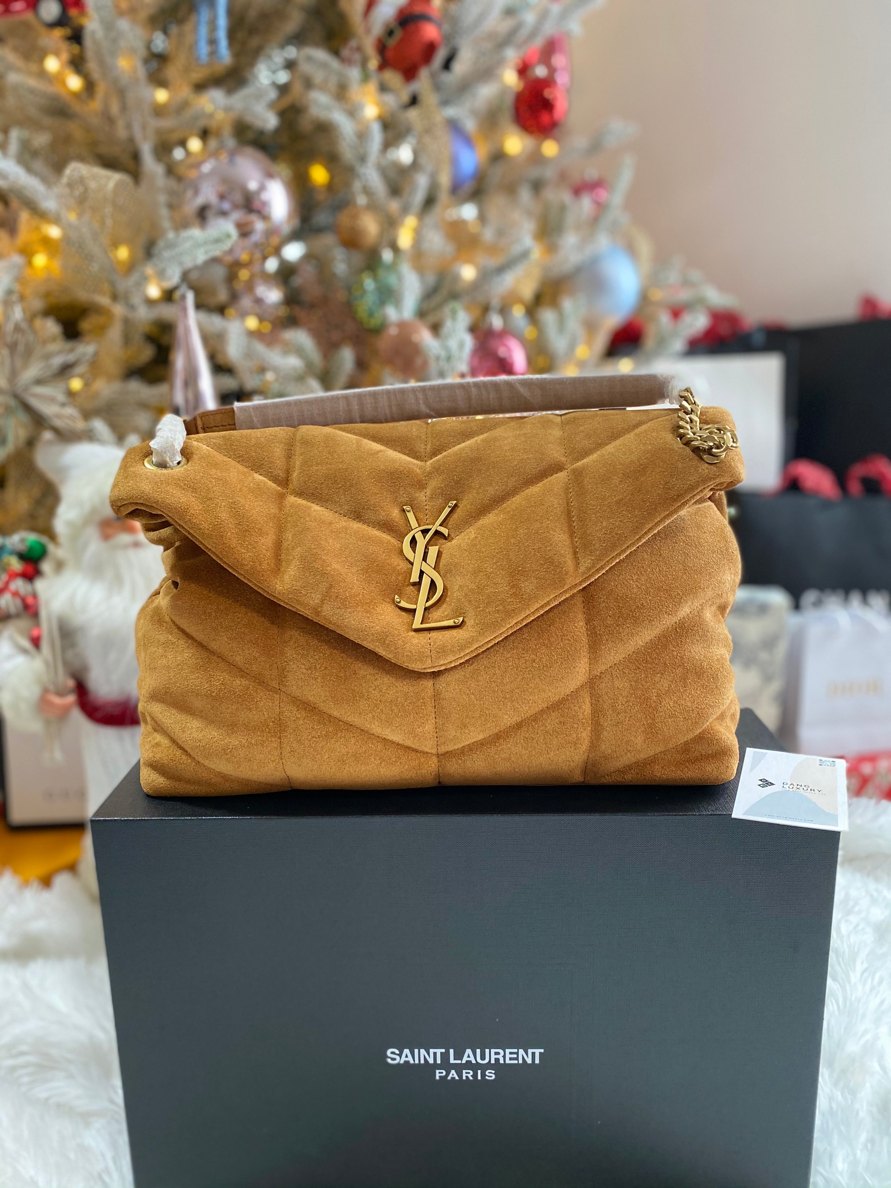 [TOP] Yves Saint Laurent YSL YSL LouLou Puffer Medium Suede Leather 35X23X13.5cm - BROWN