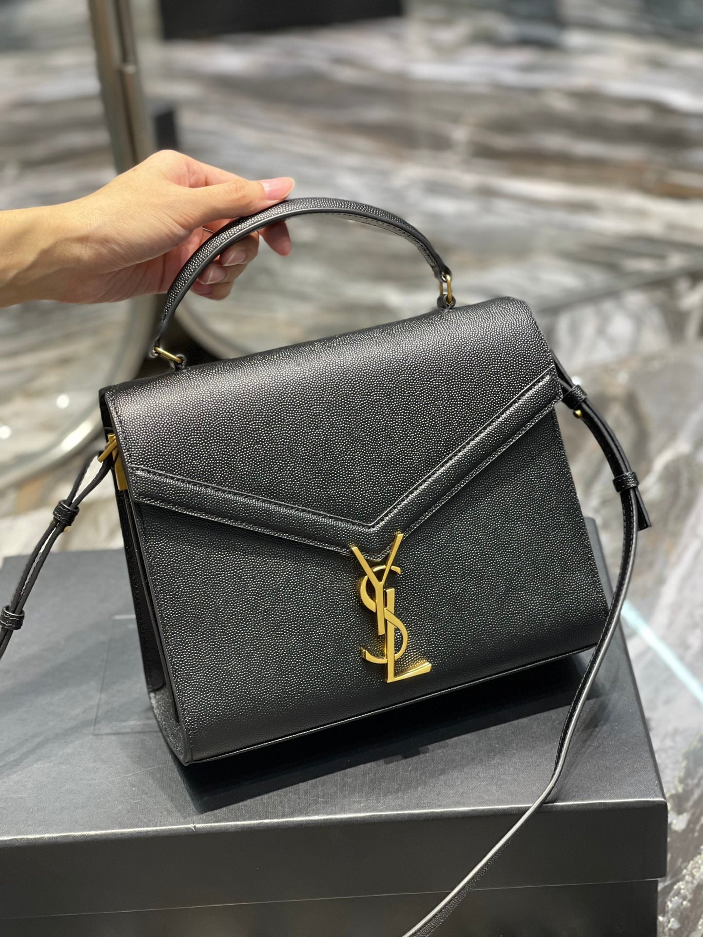 [TOP] Yves Saint Laurent YSL Cassandra Top Handle Bag - Black w GHW