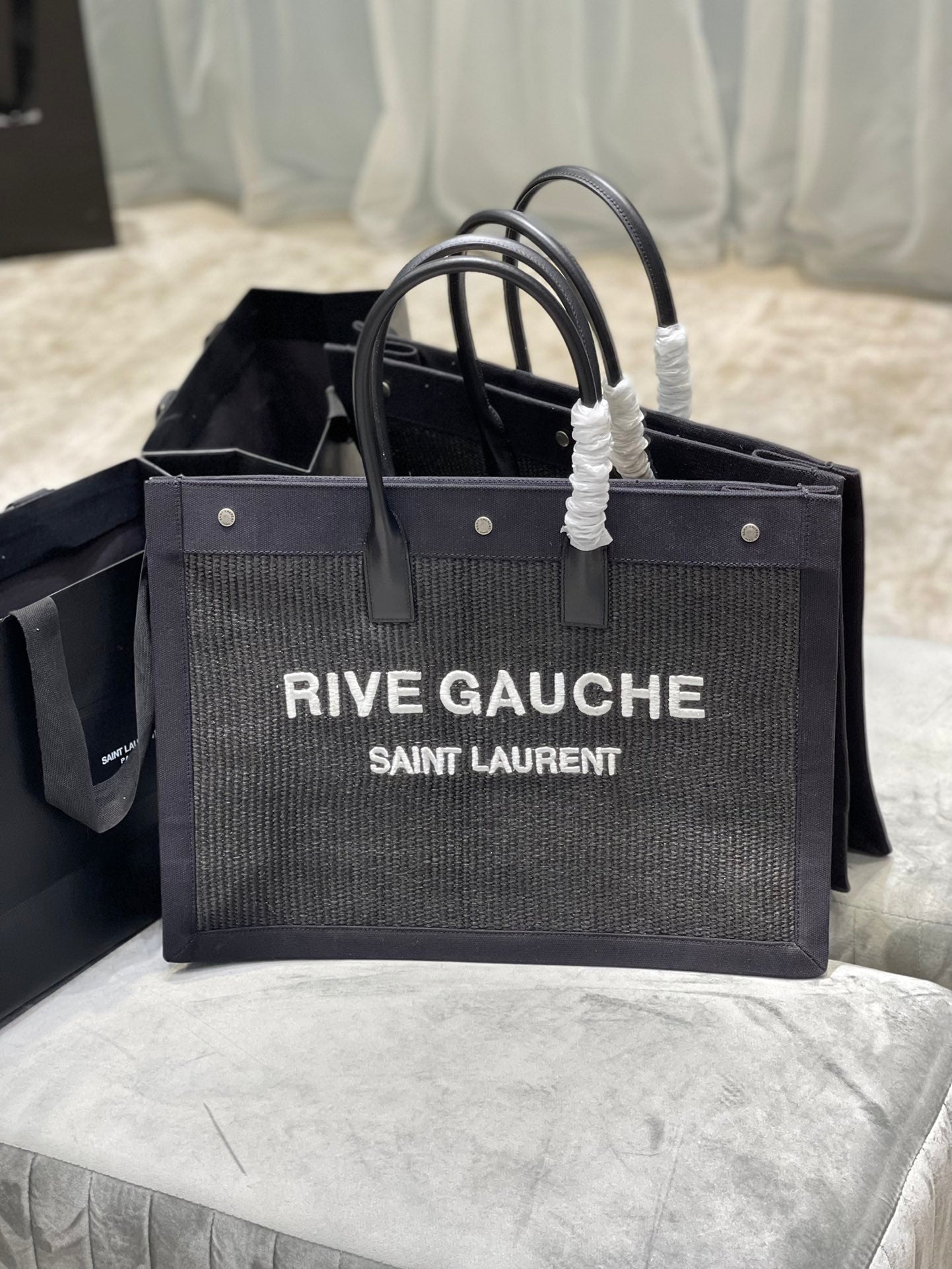 [TOP] Yves Saint Laurent YSL Rive Gauche Straw Tote Bag - Black