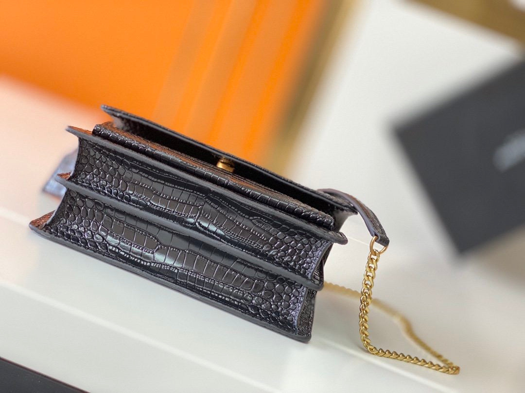 [TOP] Yves Saint Laurent YSL Small Monogram Sunset Croc Embossed Leather Bag - Black w GHW