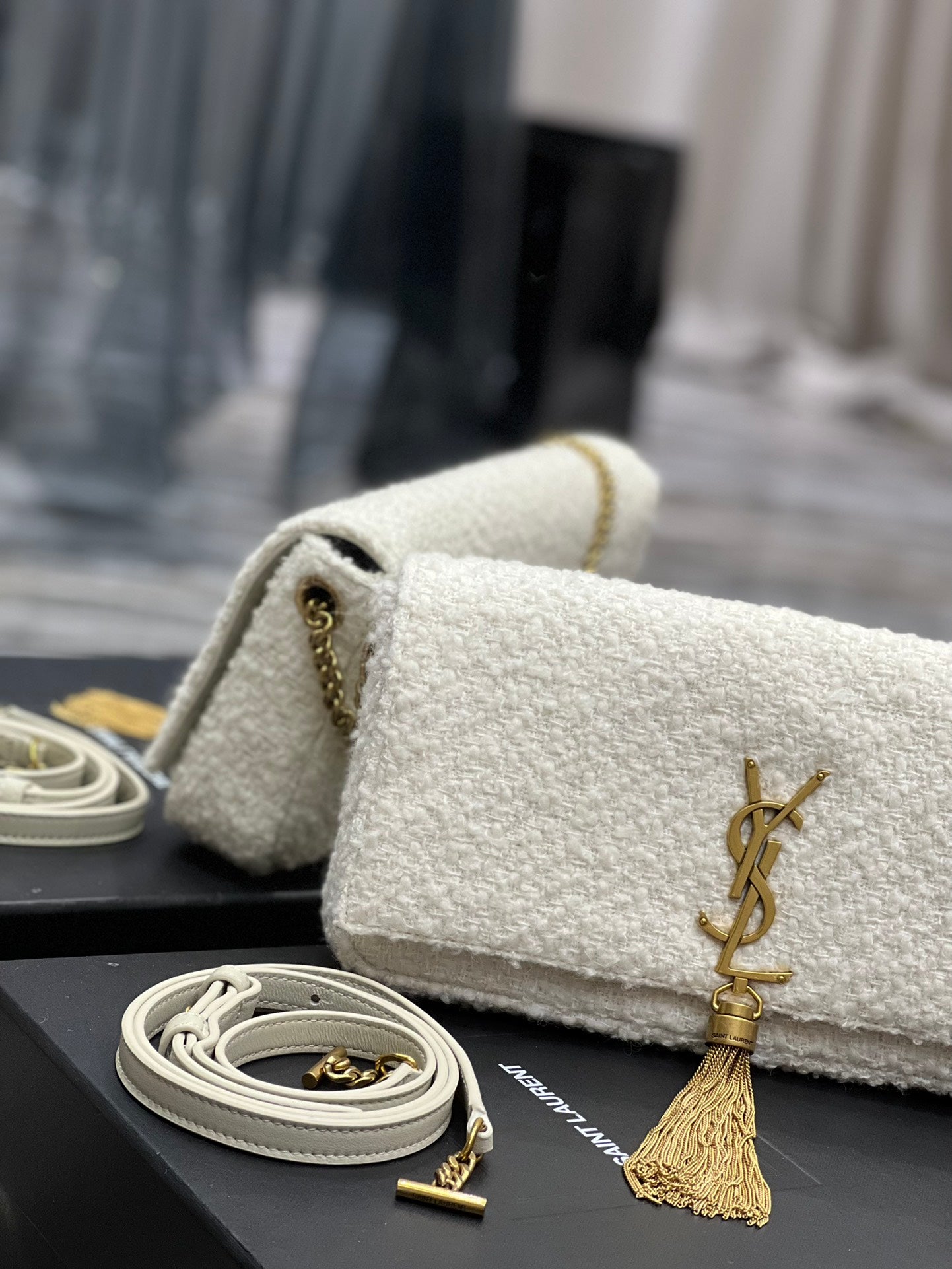 [TOP] Yves Saint Laurent YSL Kate Boucle Tassel Medium Bag - Off White