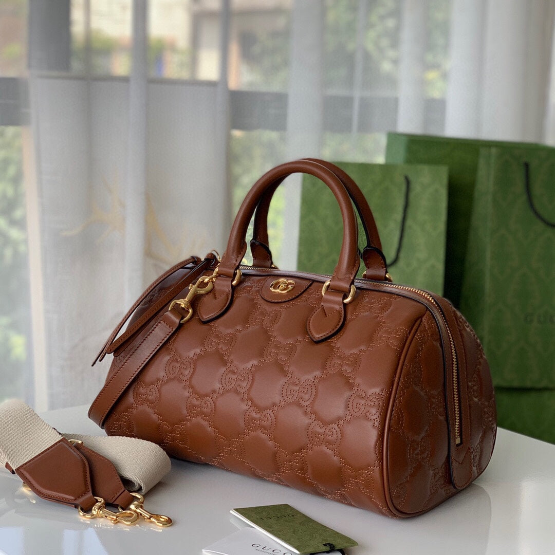 [TOP] GUCCI G*G Matelasse Leather Top Handle Medium Bag - Brown