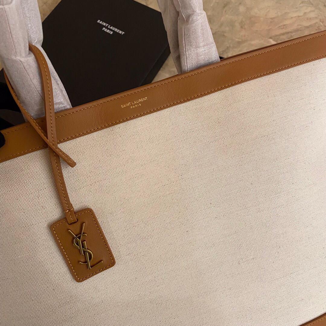 [TOP] Yves Saint Laurent YSL Cabas Linen Tote Bag - White and Brown