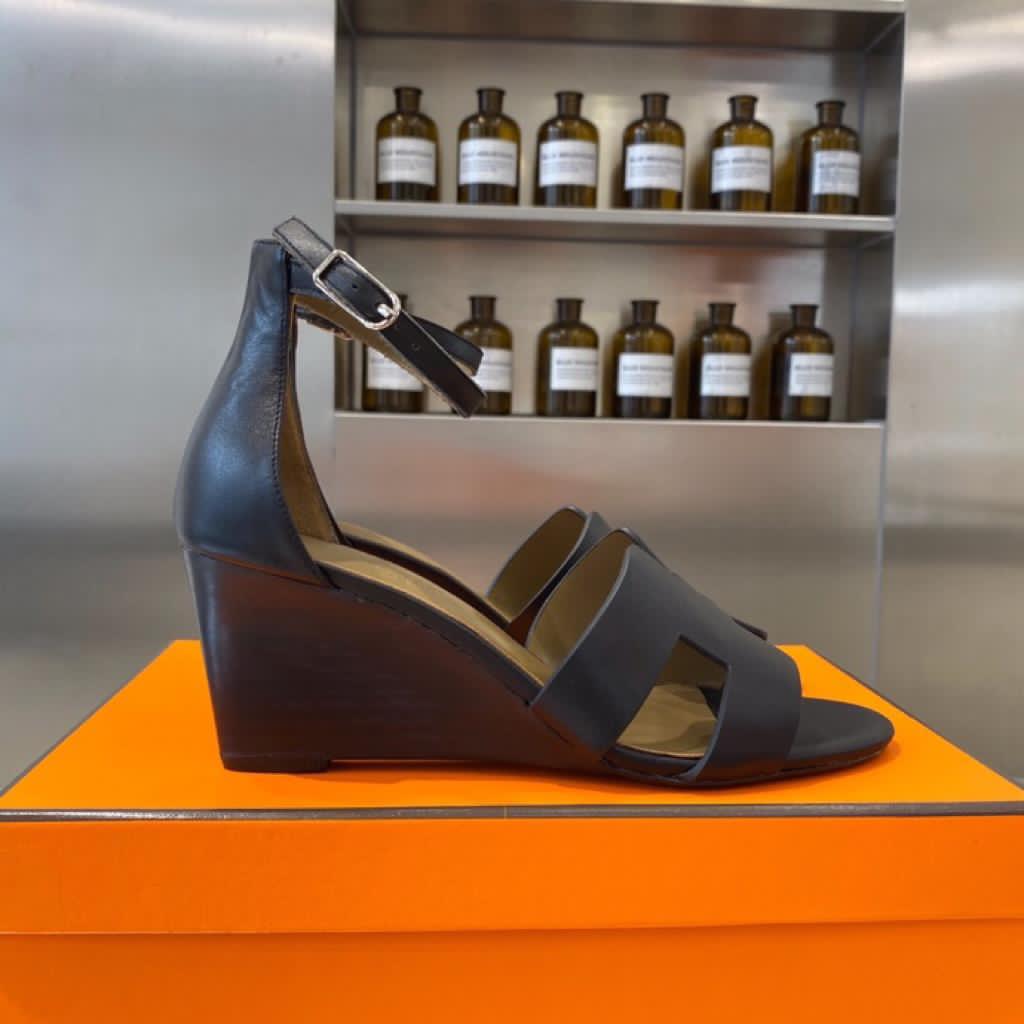 [TOP] HERMES Wedges Sandals Smooth Leather - Black