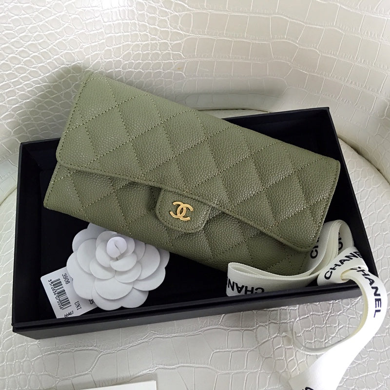 [TOP] CHANEL Long Folding Caviar Wallet - Dark Green