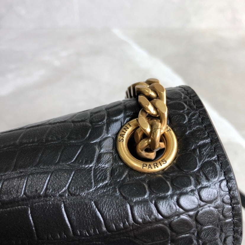 [TOP] Yves Saint Laurent YSL Medium Monogramme Sunset Croc Bag 22x8x16cm - Black