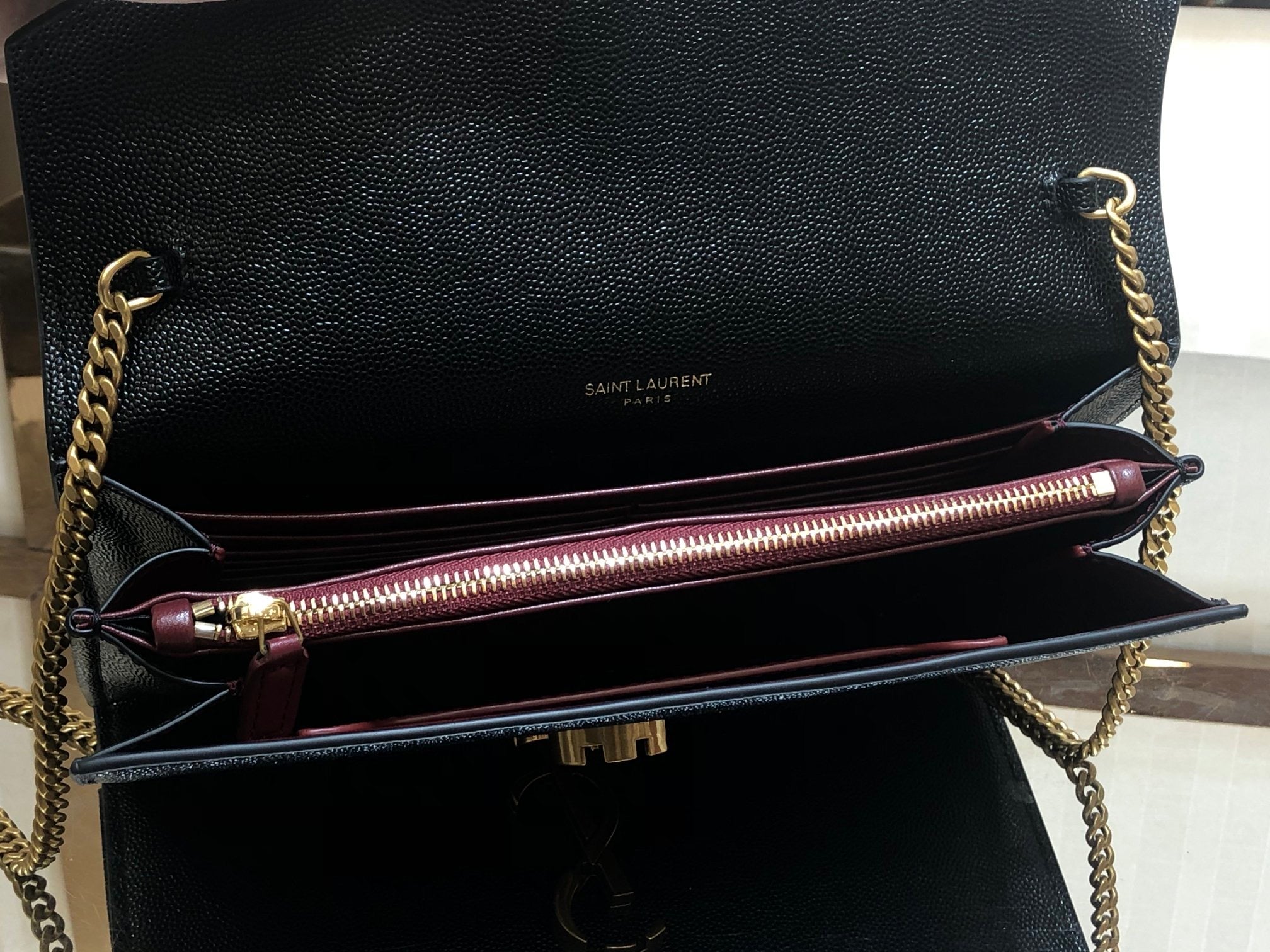 [TOP] Yves Saint Laurent YSL Cassandra Chain Wallet Grain Leather - Black