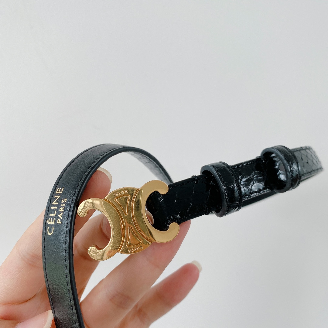 [TOP] CELINE Leather Triomphe Belt 1.8cm - Black