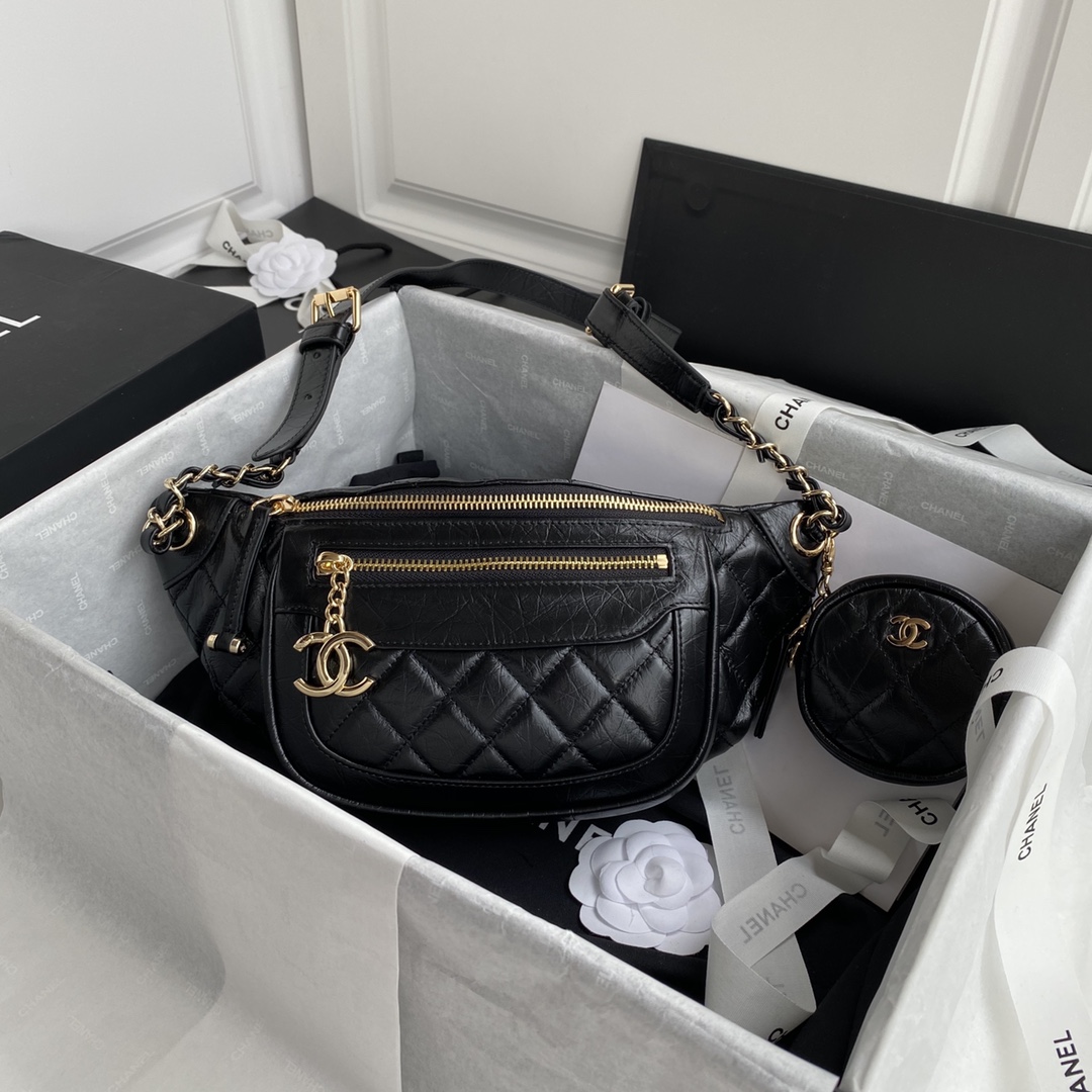 [TOP] CHANEL Fanny Pack Bag 34x15x6cm - GHW - Black/White