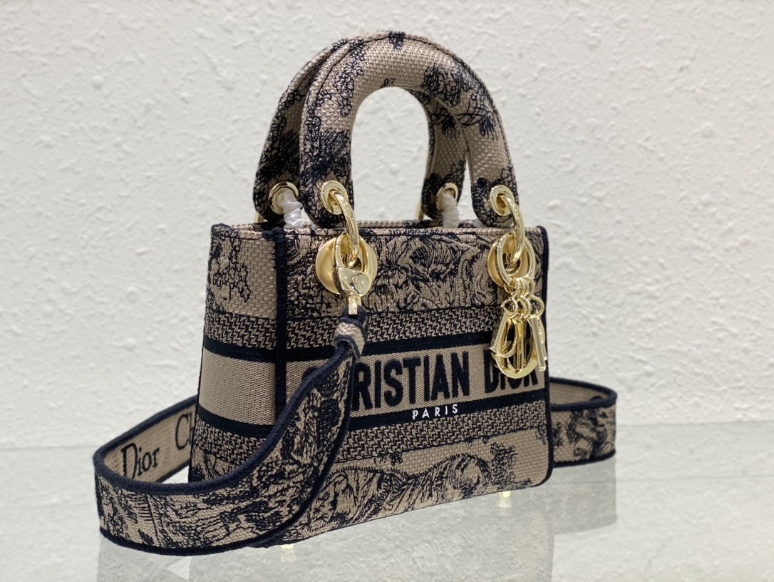 [Top] Christian Dior MINI LADY D-LITE BAG Brown Toile de Jouy Embroidery 17cm