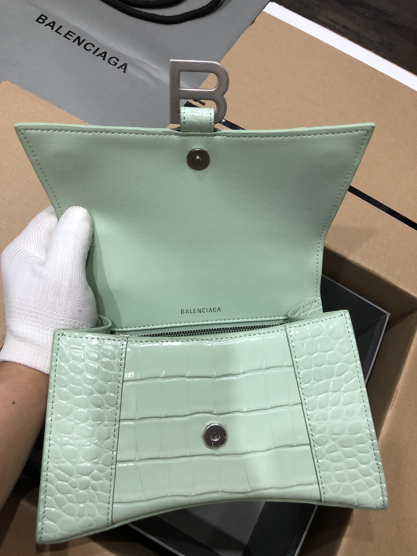 [TOP] BALENCIAGA Crocodile-Print Hourglass Bag 19/23cm - Green