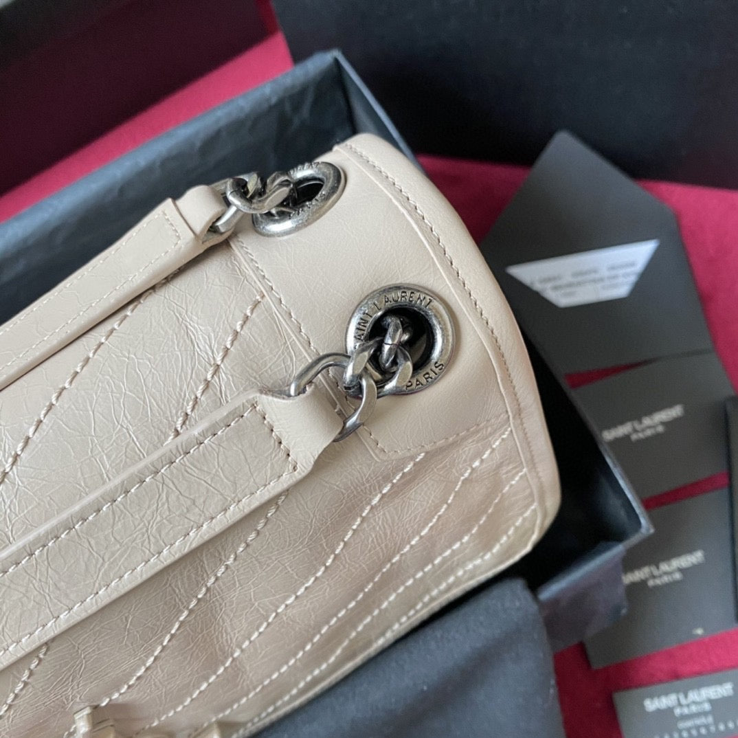 [Top] Yves Saint Laurent YSL Medium Niki Wrinkles Leather Bag 27cm - White
