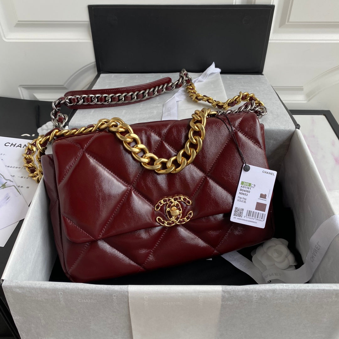 [TOP] CHANEL 19 Bag Aged Skin Wax Maxi 36cm - Burgundy