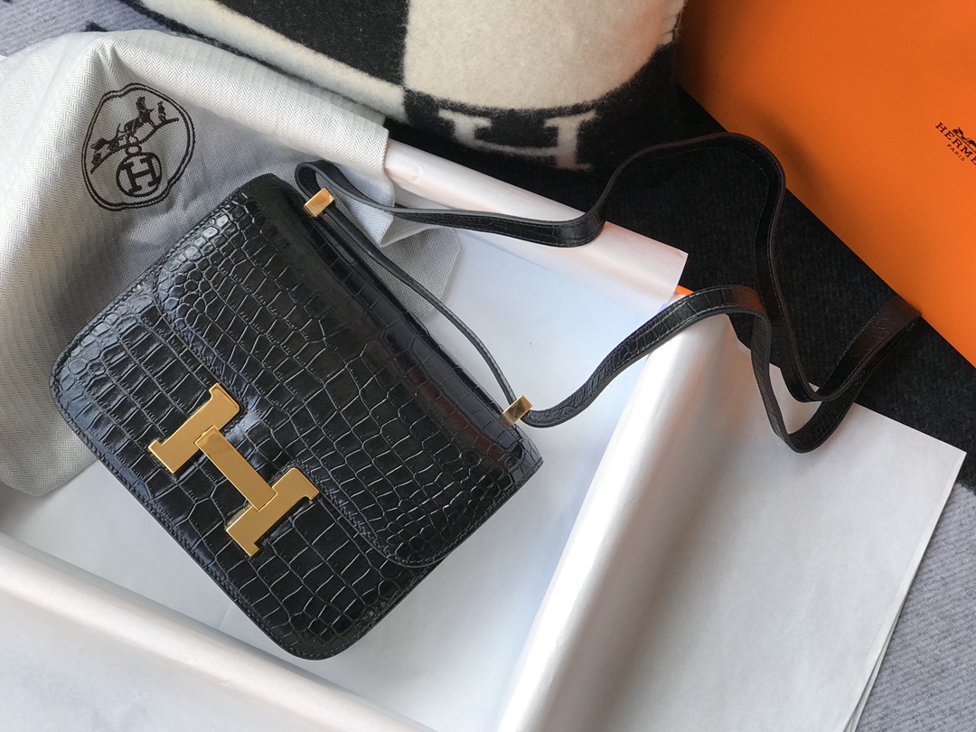 [TOP] HERMES Constance Crocodile Bag 18CM 23CM - Black& GHW