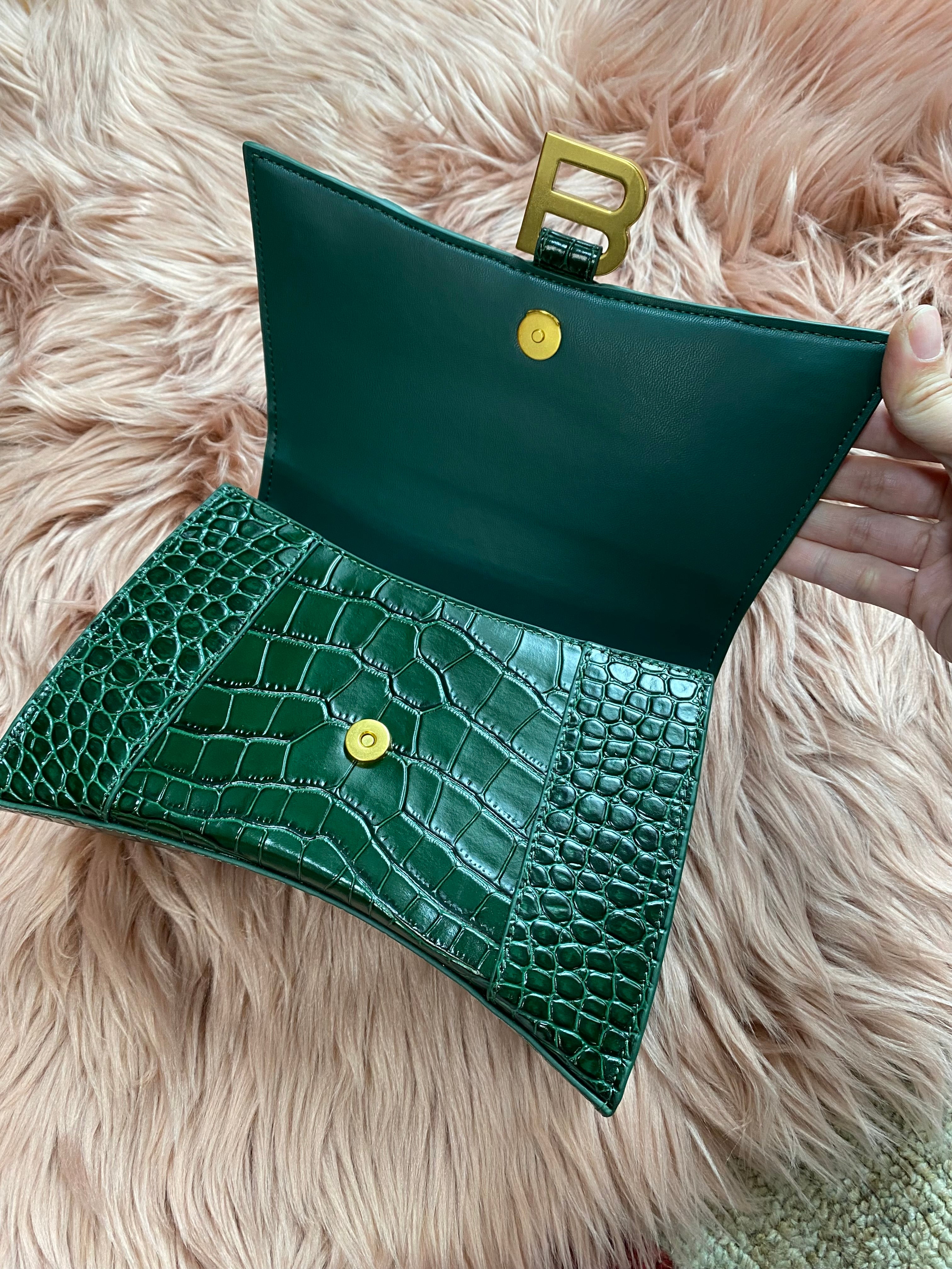 [TOP] BALENCIAGA Hourglass Small Crocodile-Effect Small Bag 23x14x10cm - Green