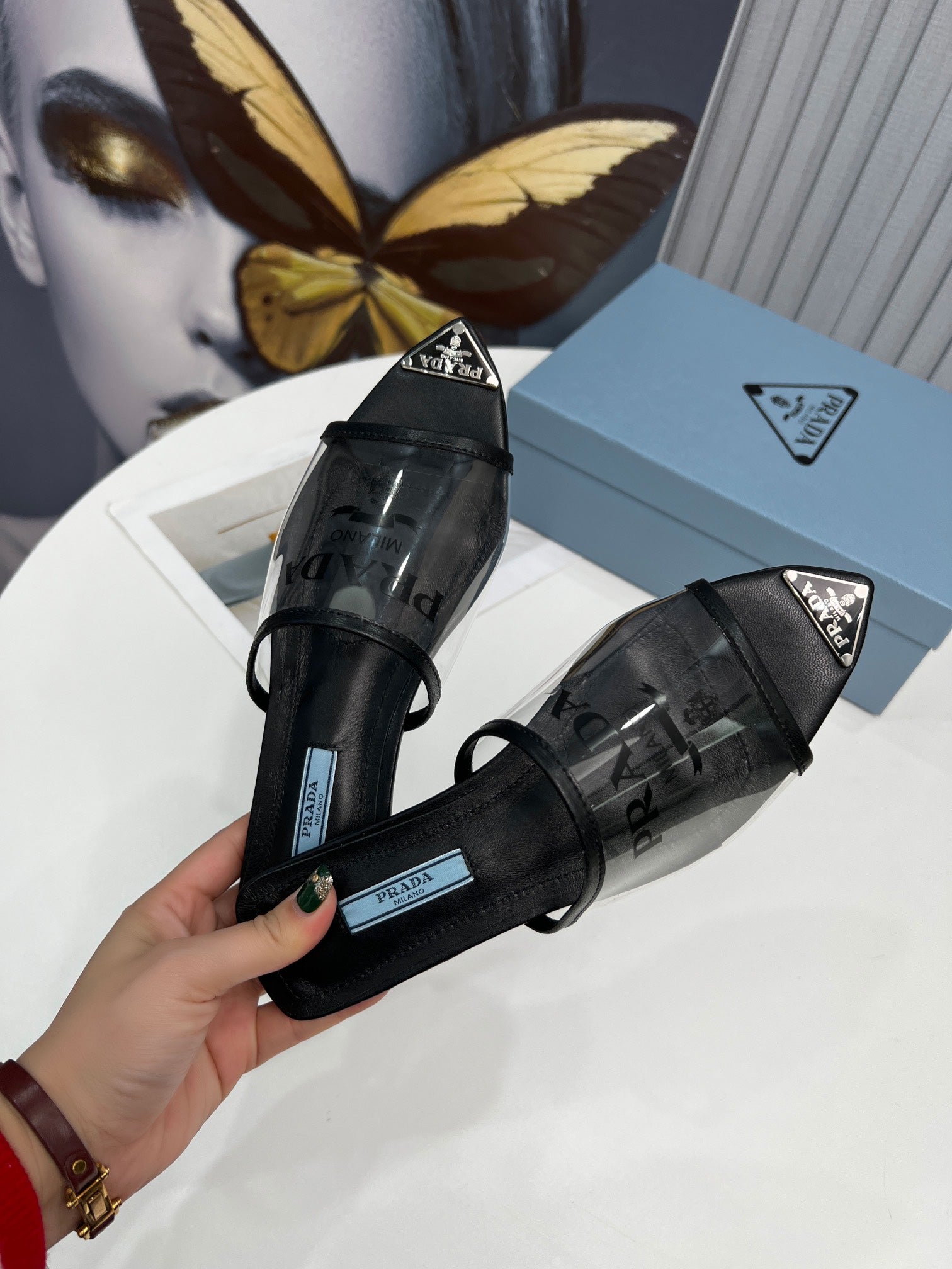 [TOP] PRADA Logo-print Plexiglas High-heel Slides - Black