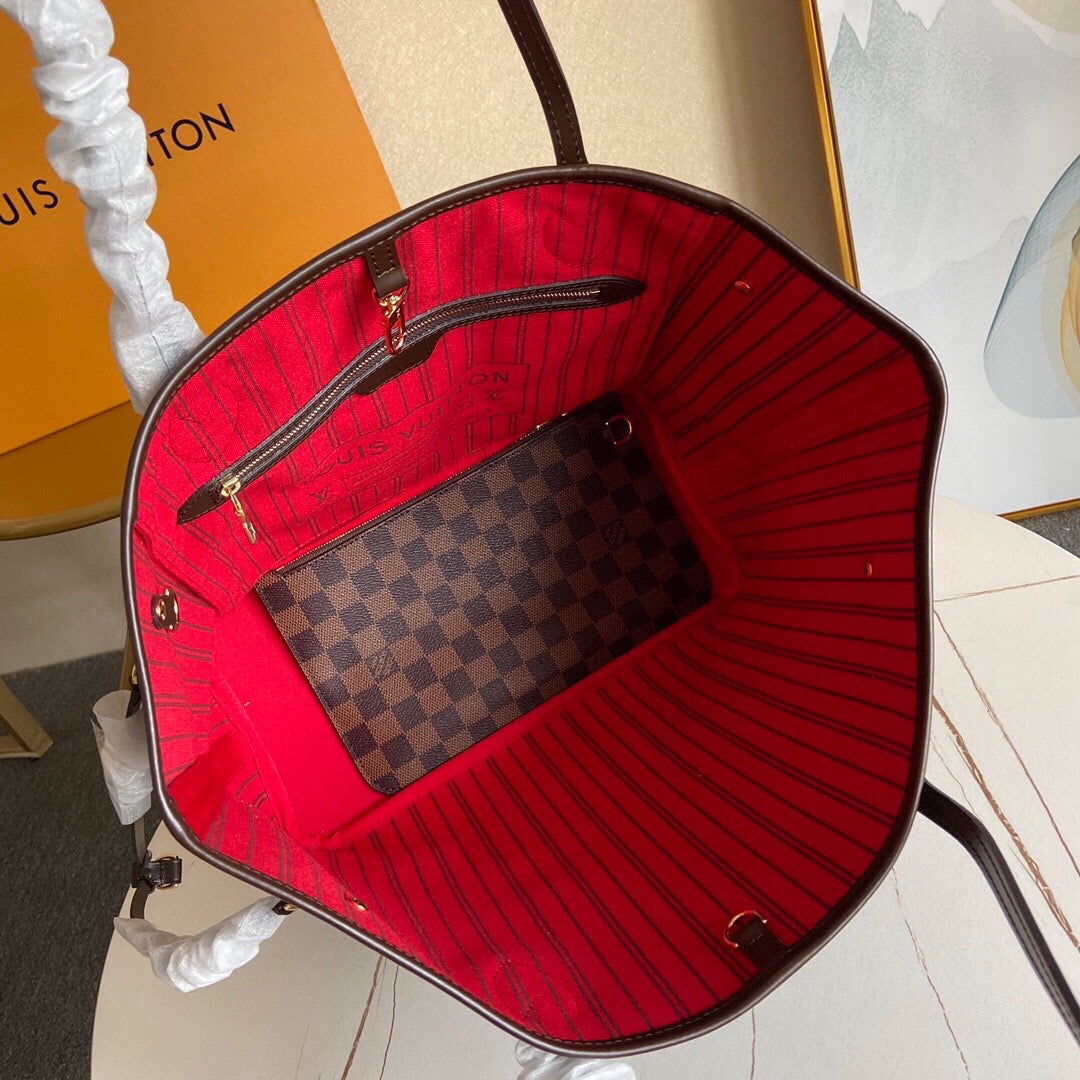 [TOP] Louis Vuitton LV LV Neverfull MM Damier Ebene 32x17x28cm  - Red