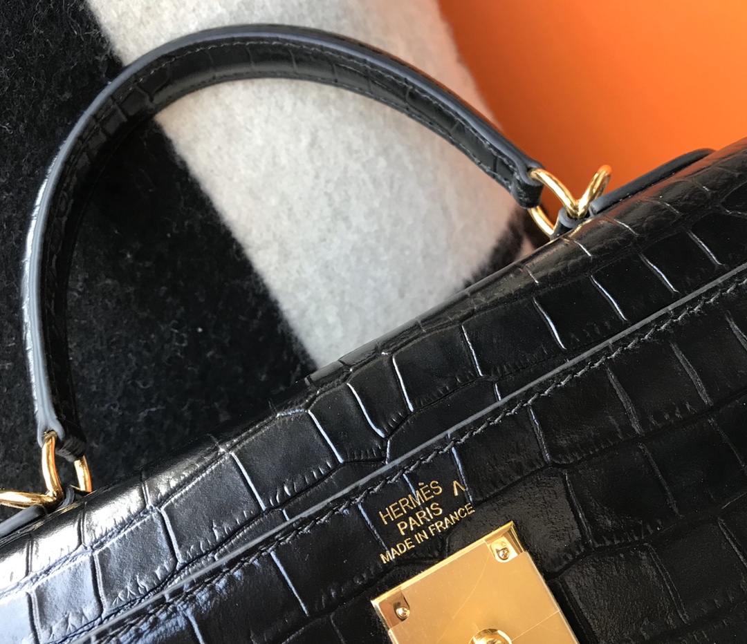 [TOP] HERMES Crocodile Kelly Bag 25cm  28cm - Black&GHW