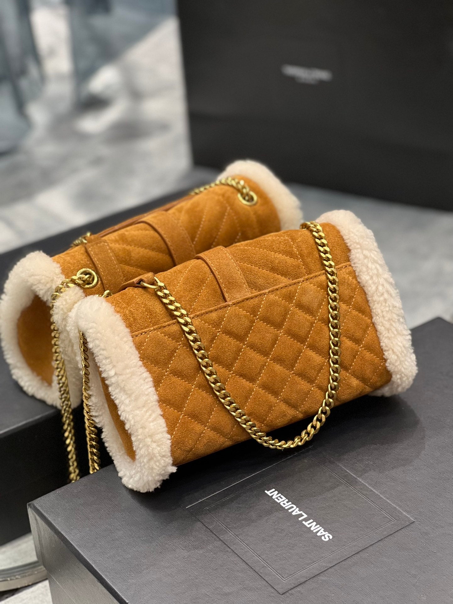 [TOP] Yves Saint Laurent YSL Envelope Small Suede Shearling Bag - Brown