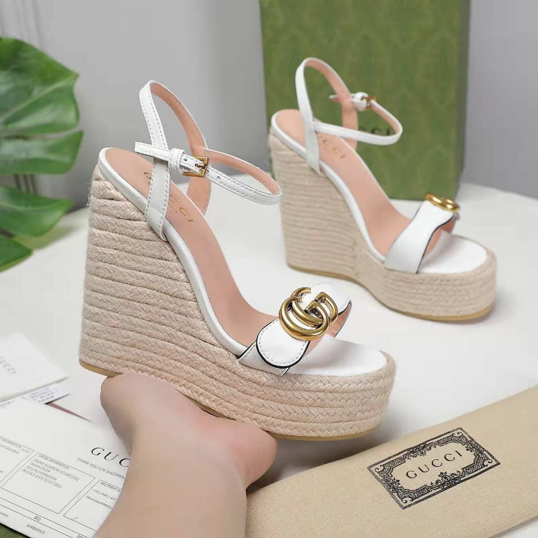 [TOP] GUCCI G*G Platform Espadrilles Sandals - White