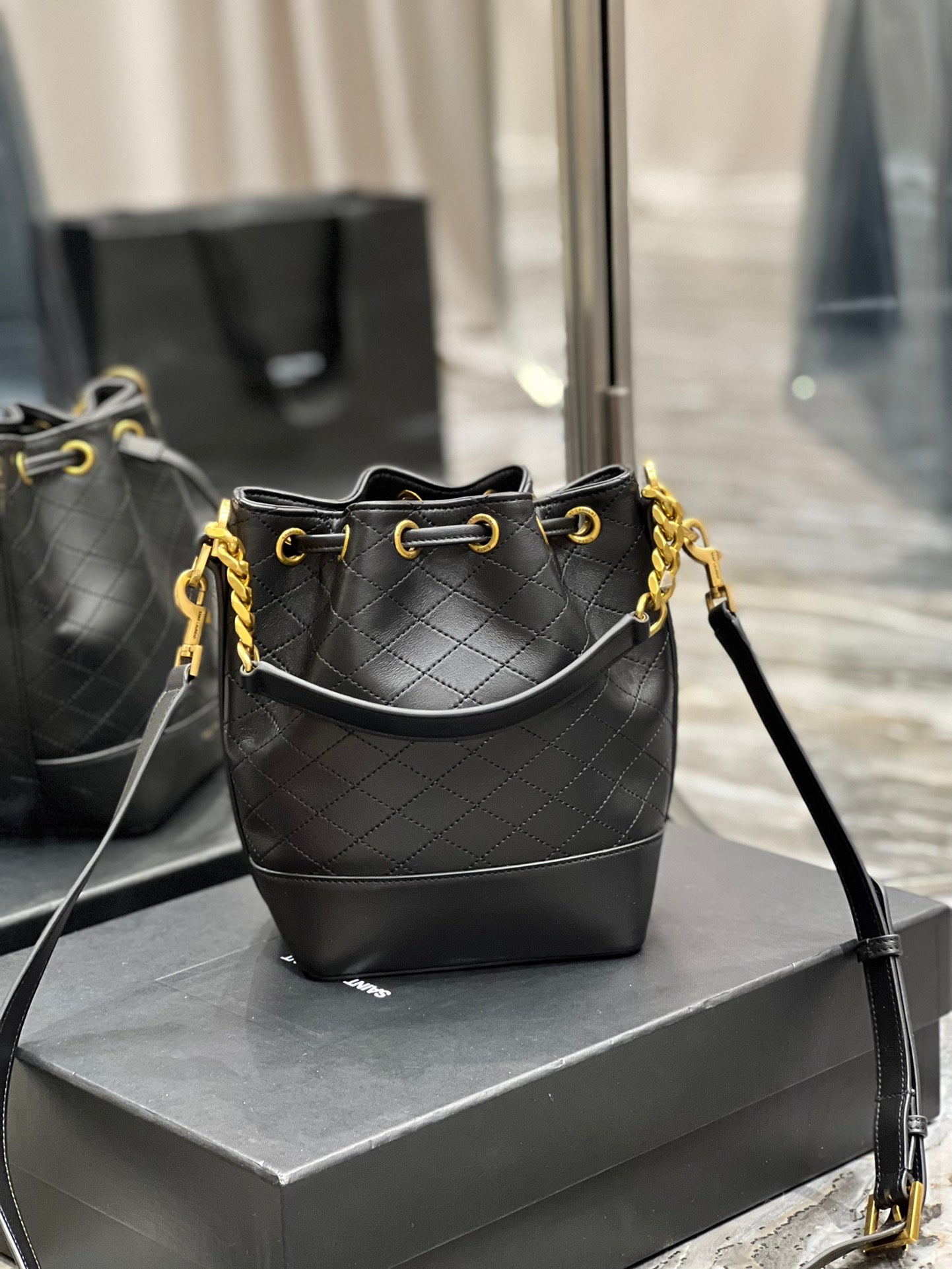 [TOP] Yves Saint Laurent YSL Emmanuelle Small Quilted Lambskin Bucket Bag - Black