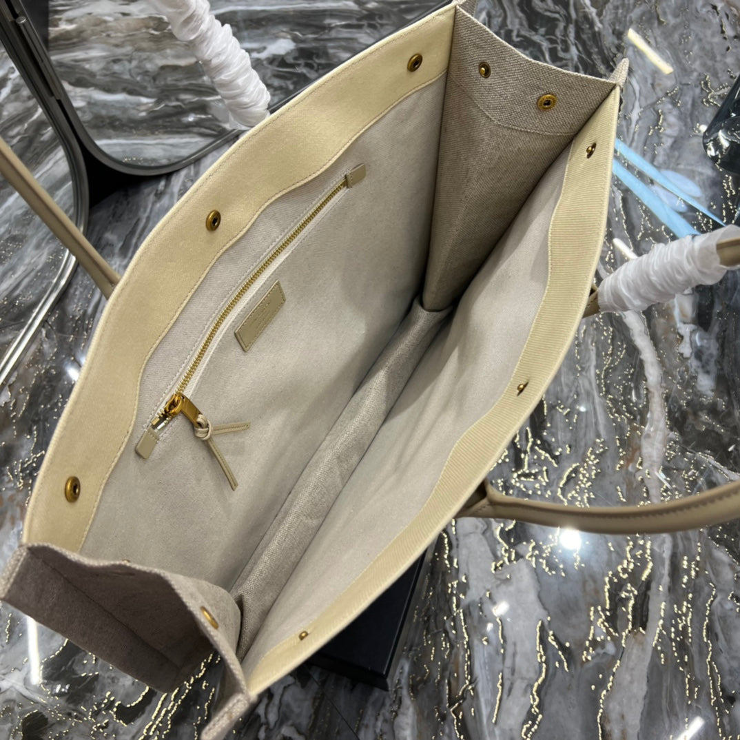 [TOP] Yves Saint Laurent YSL Rive Gauche Canvas Embroidery Tote Bag - Tan