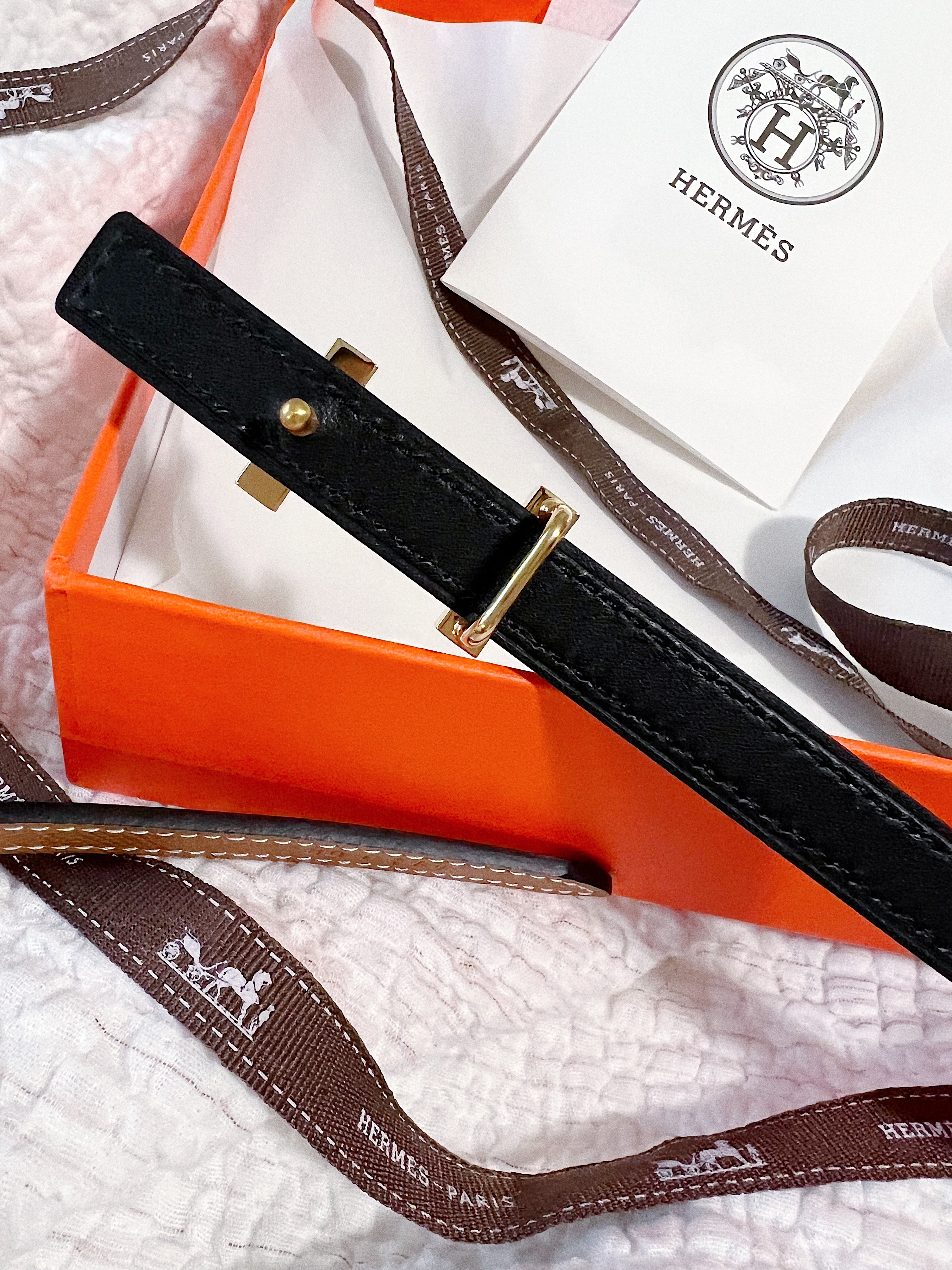 [TOP] HERMES Reversible Buckle Logo Epsom Belt 1.3cm - Brown & Black