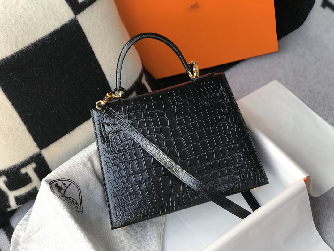 [TOP] HERMES Crocodile Kelly Bag 25cm  28cm - Black&GHW