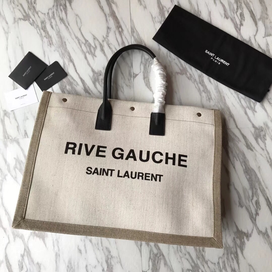 [TOP] Yves Saint Laurent YSL Rive Gauche Canvas Tote Bag - Tan