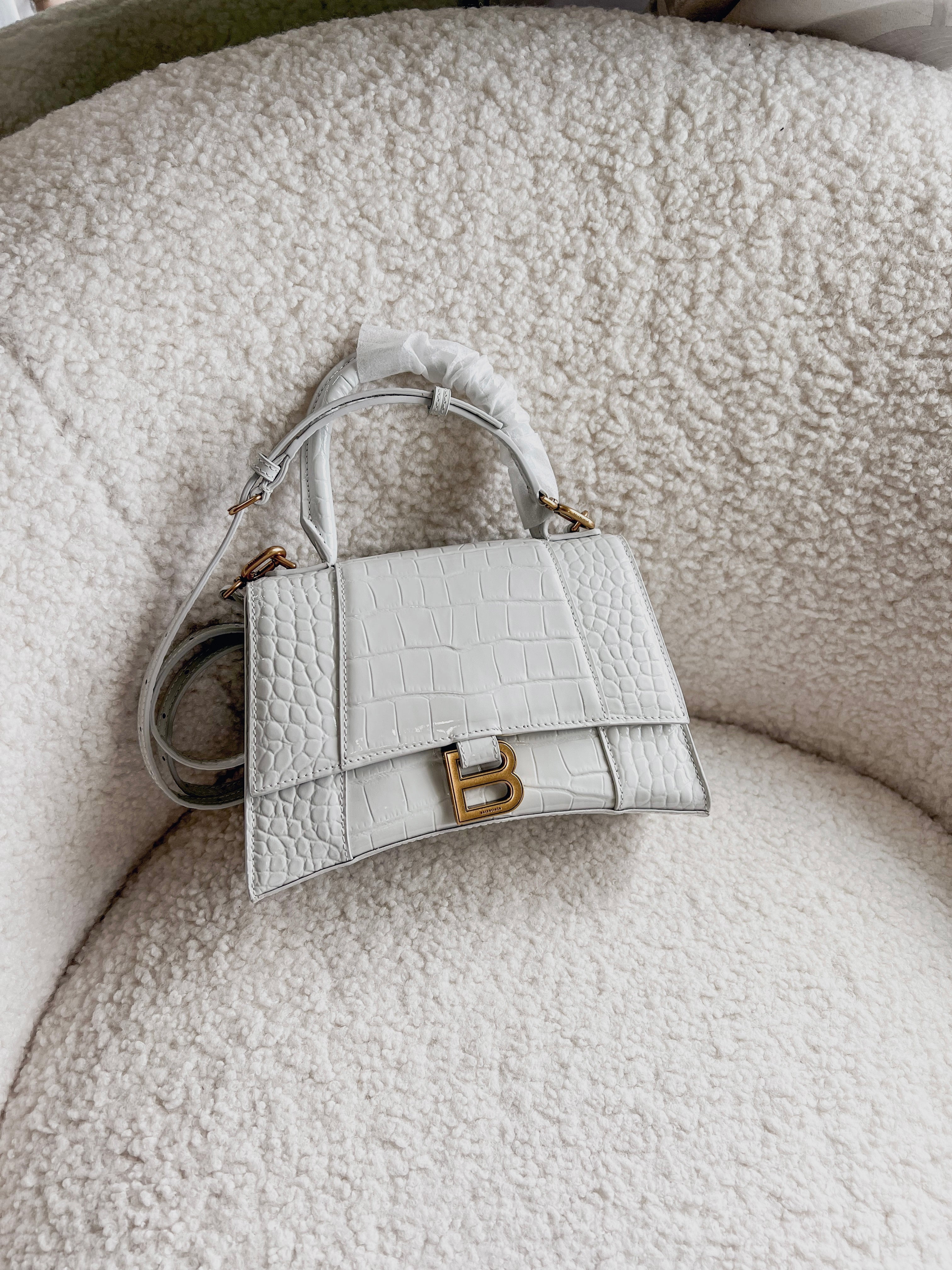 [TOP] BALENCIAGA Hourglass Small Crocodile-Print Cowhide Bag 23x14x10cm - Off White