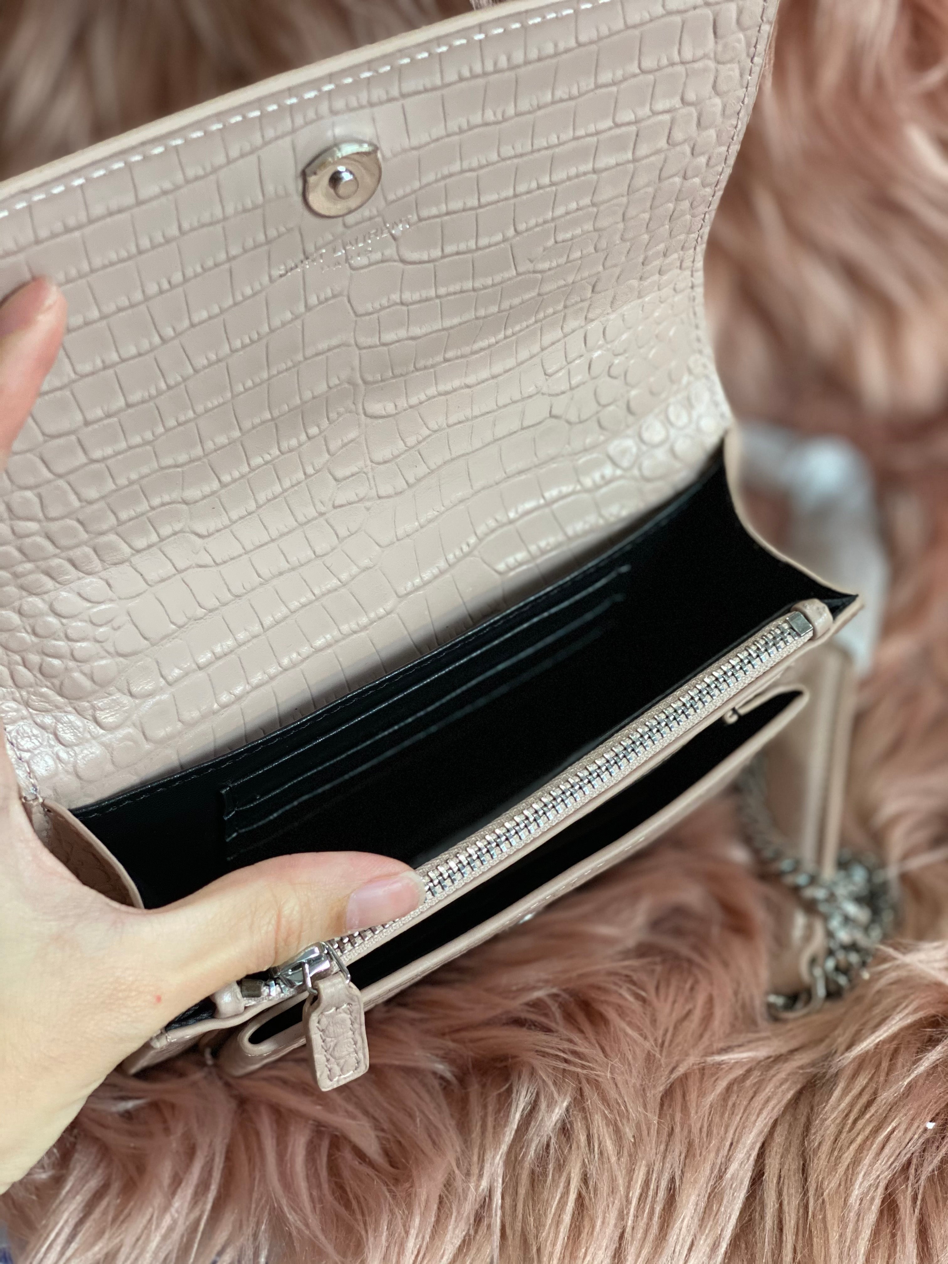 [TOP] Yves Saint Laurent YSL Pink Mini Monogram Sunset Croc Embossed Leather Shoulder Bag