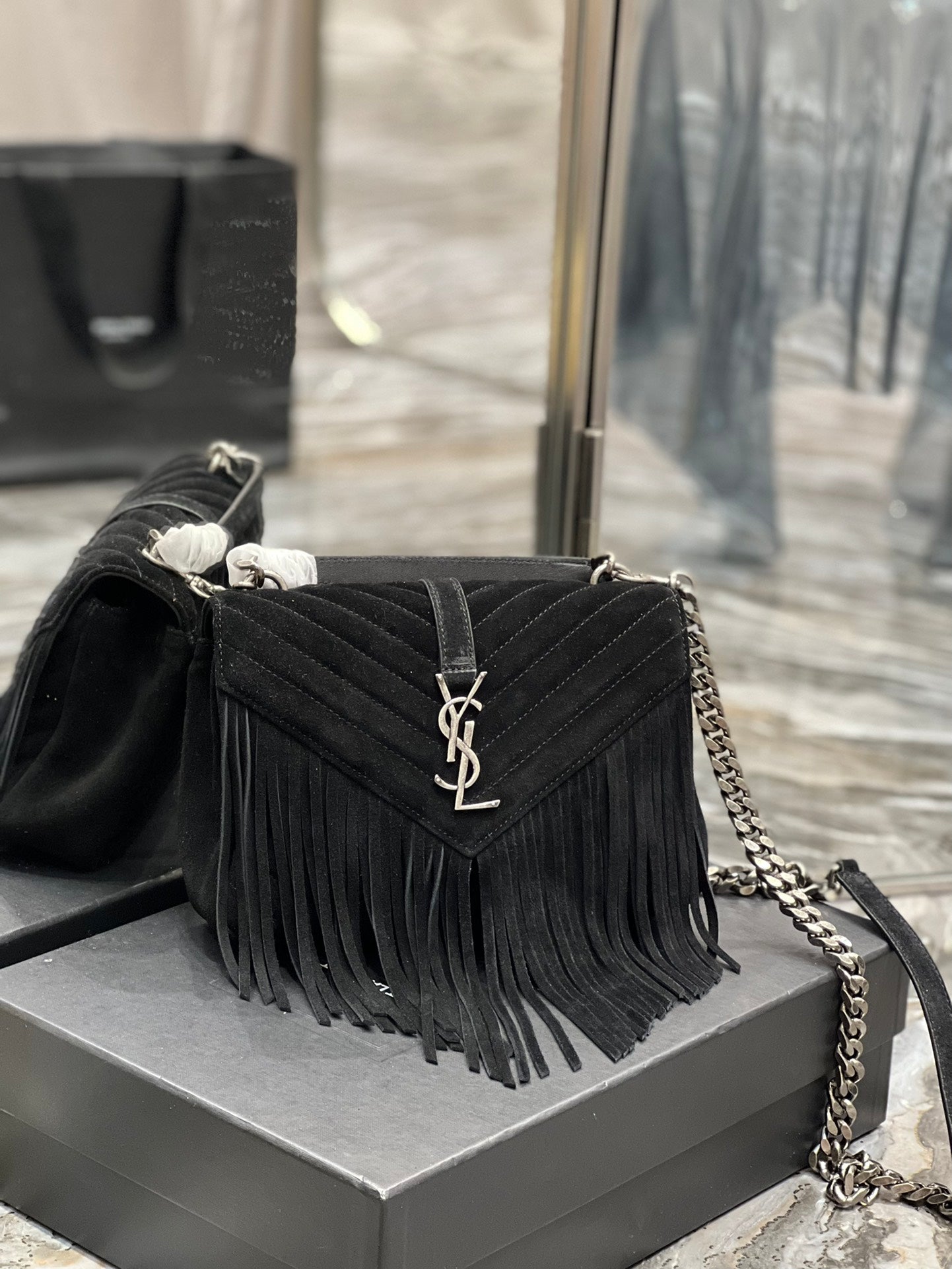[TOP] Yves Saint Laurent YSL College Fringe Suede Small Bag - Black SHW