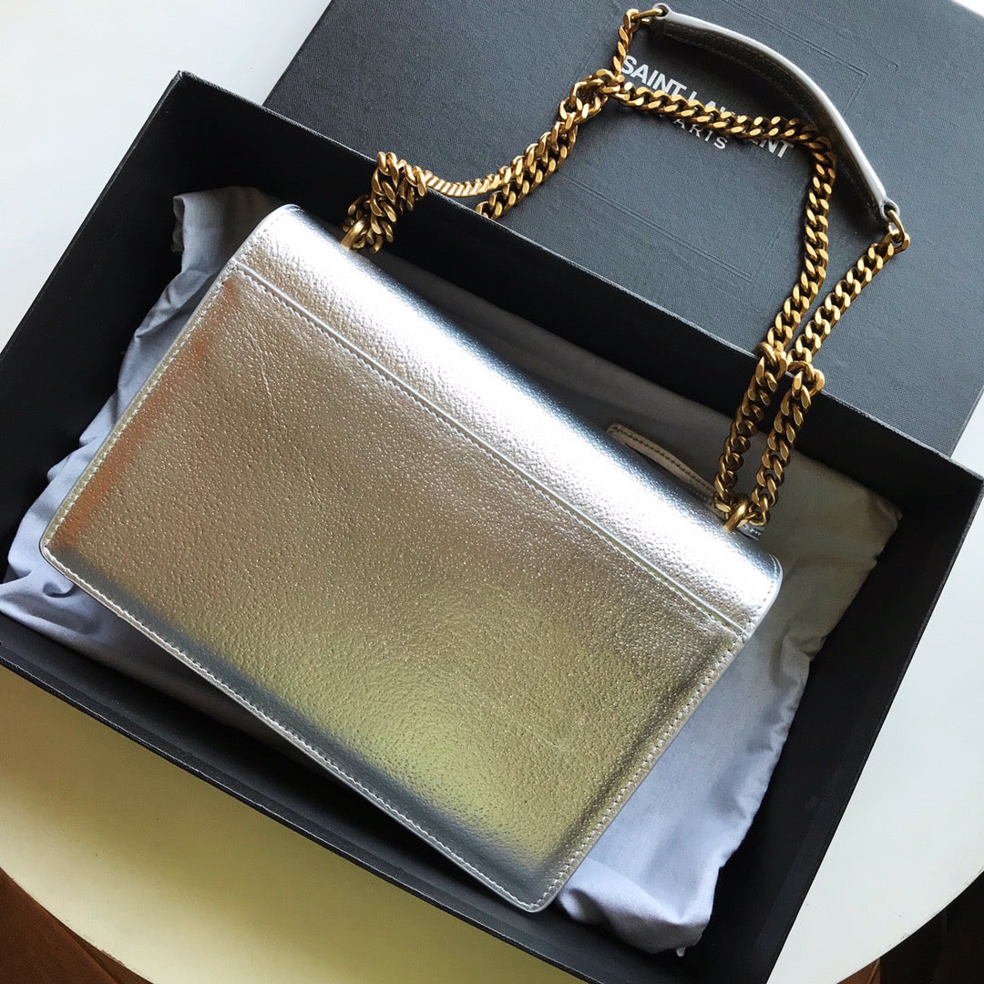 [TOP] Yves Saint Laurent YSL Sunset Metallic Small Bag 22×16×8 cm - Silver