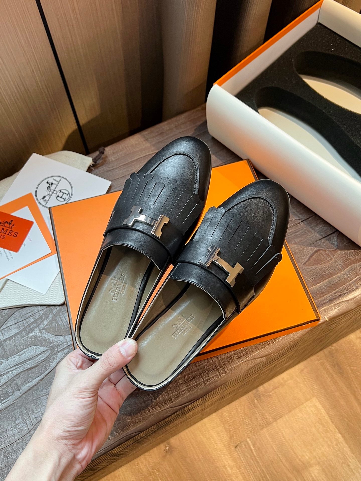 [TOP] HERMES Rivoli Mules - Black & SHW