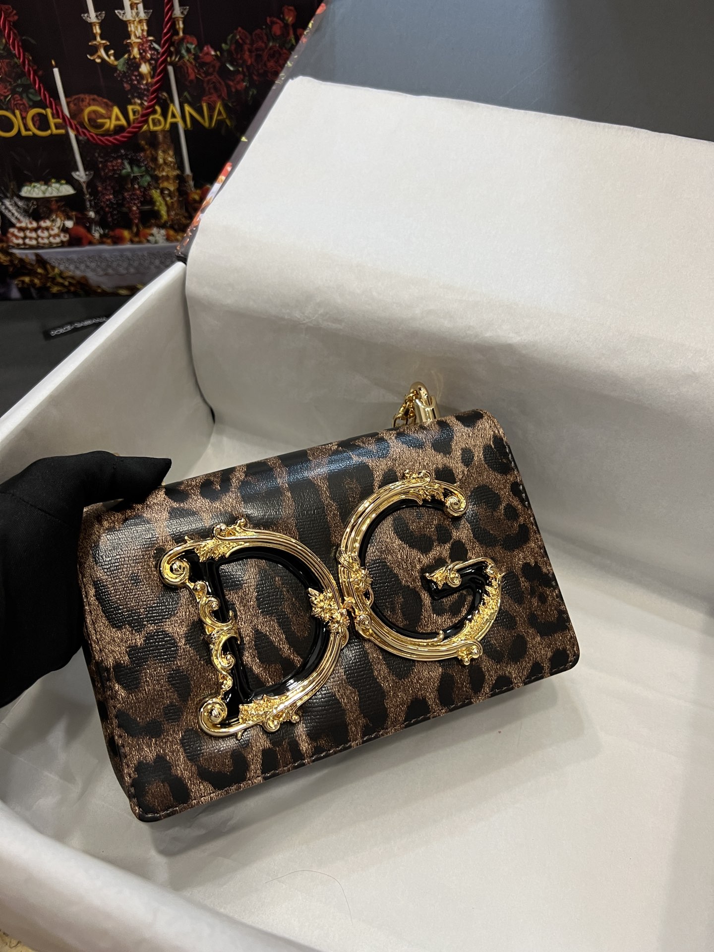 [TOP] Dolce & Gabbana D&G Polished Calfskin Leopard Print DG Girls Bag 21*4*15cm