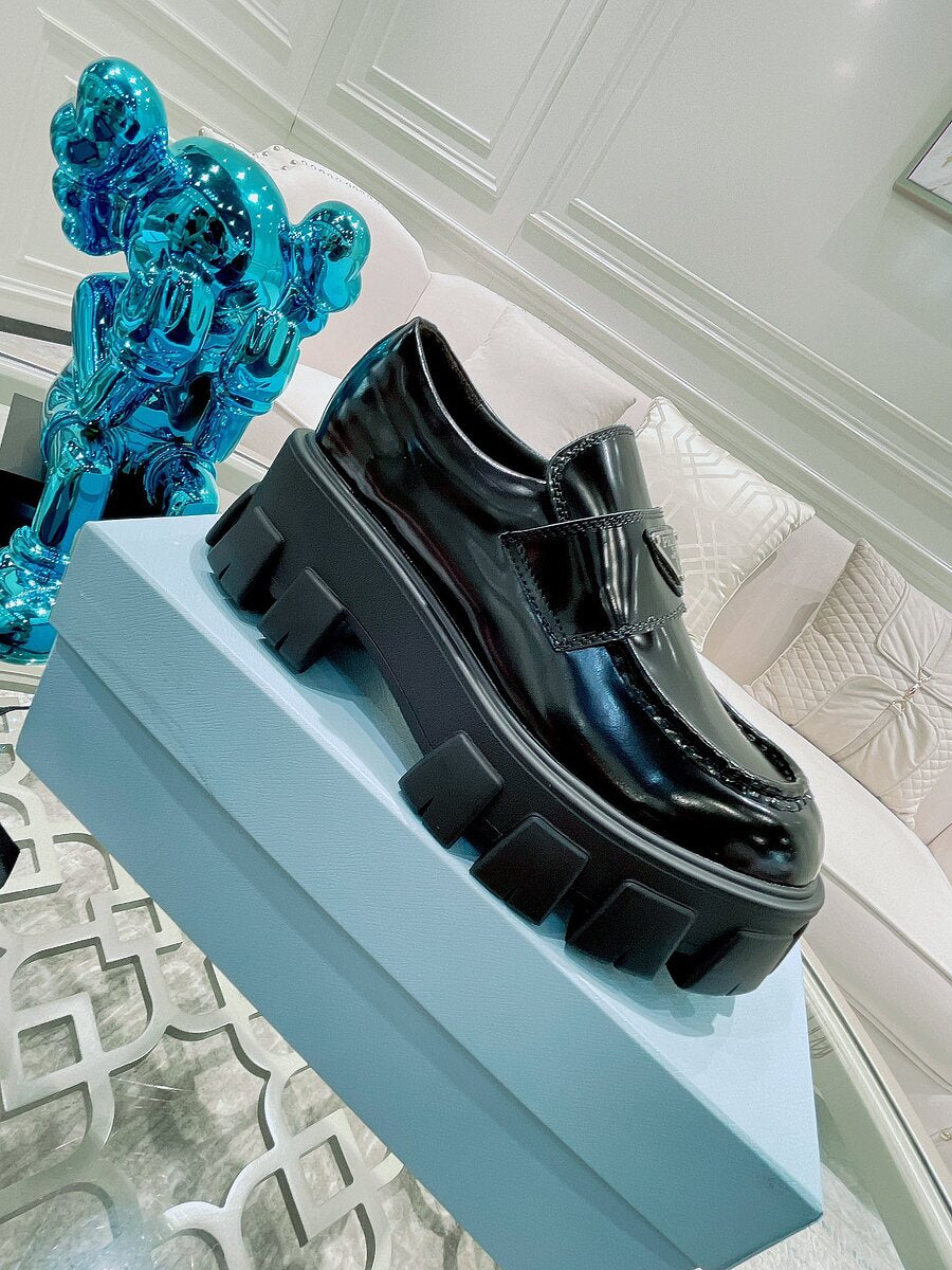 [TOP] PRADA Brushed Leather Logo Chunky Loafers- Black