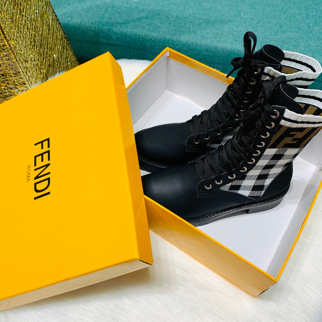 [TOP] FENDI Gingham Sock Lace Up Boots - Black and White Checkers