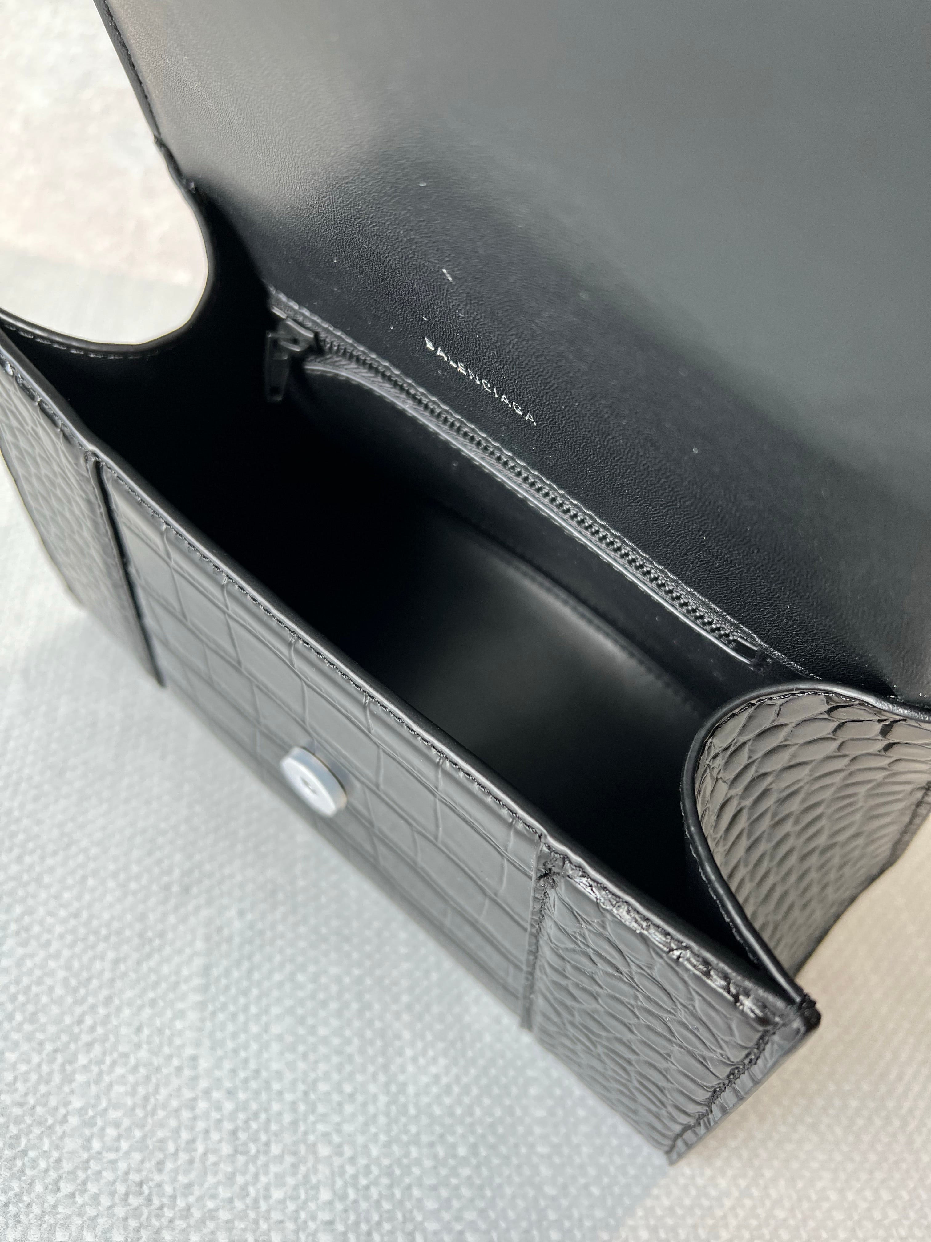 [TOP] BALENCIAGA Hourglass Crocodile-Print Cowhide Small Bag 23x14x10cm - Black on Black