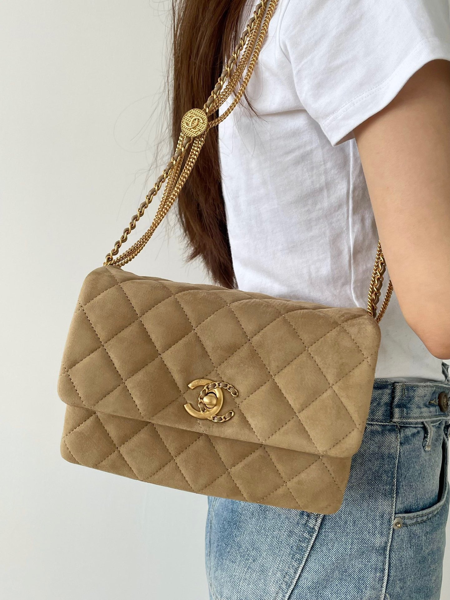 [TOP] CHANEL 19 Bag Coin Chain Small 26CM - Tan