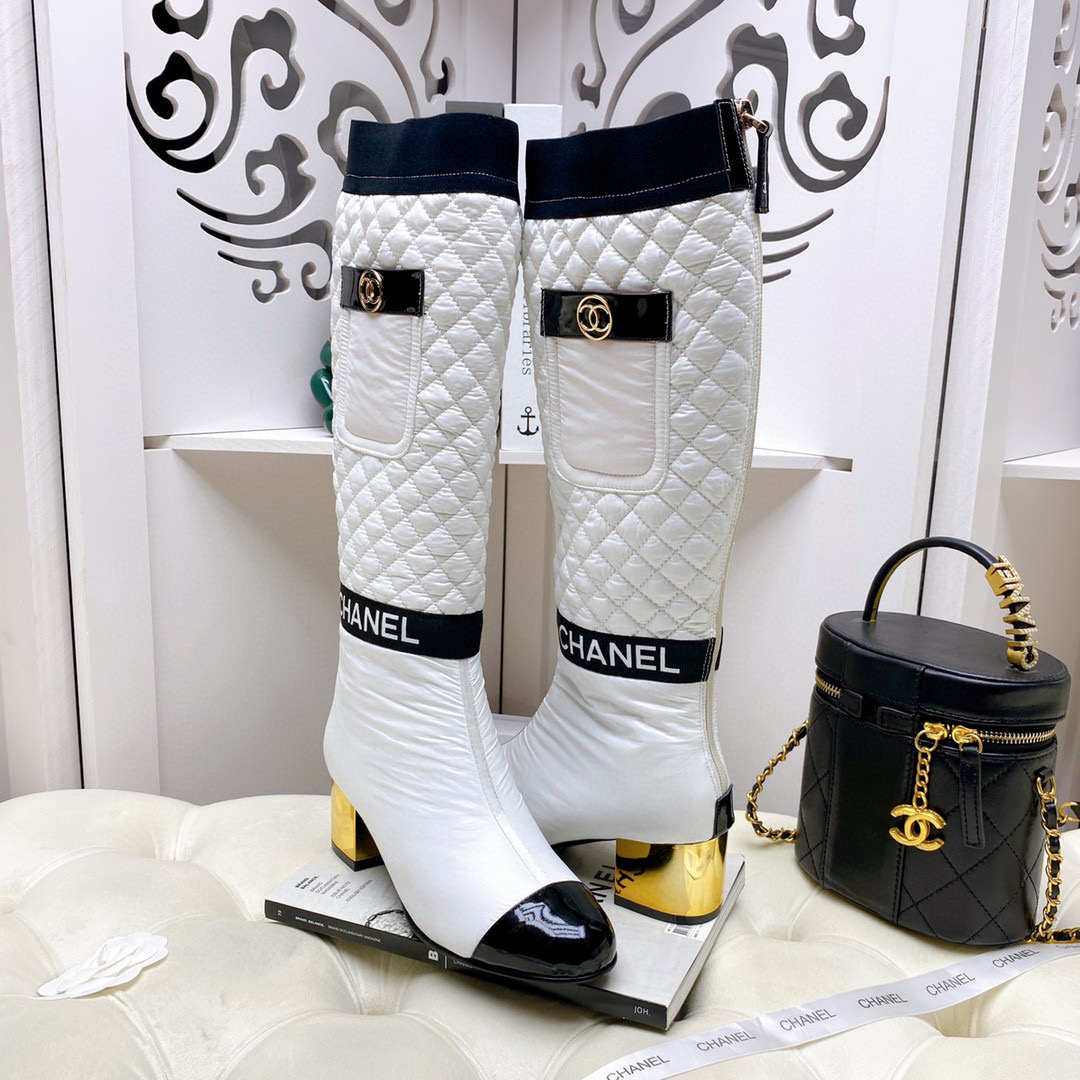[TOP] CHANEL Lambskin Boots 5cm Heels - white/Black/Beige