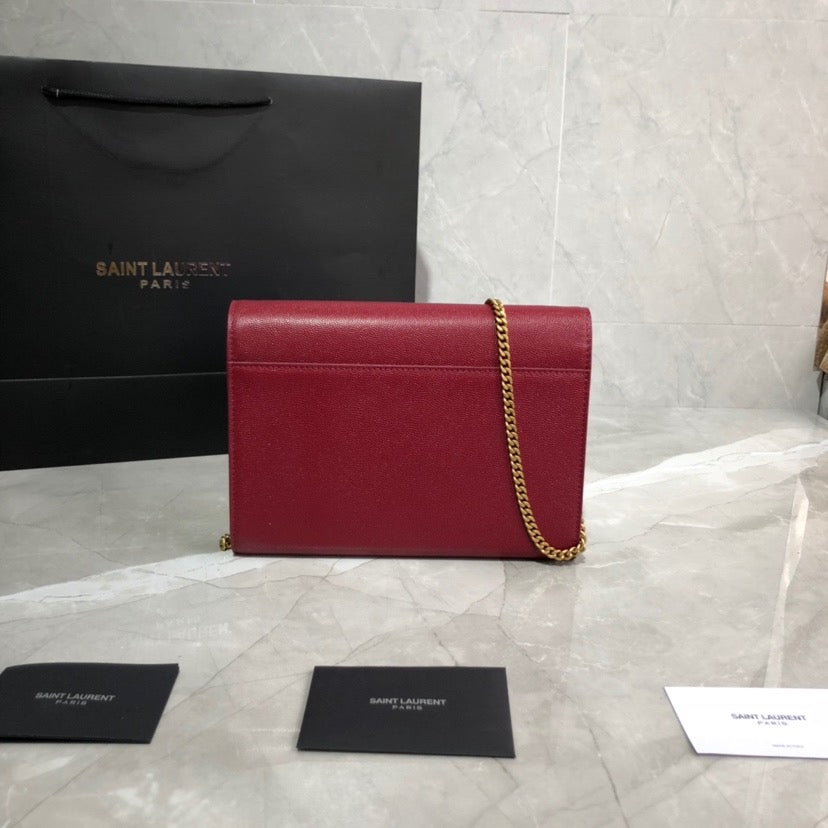 [TOP] Yves Saint Laurent YSL Cassandra Chain Wallet Grain Leather - Red