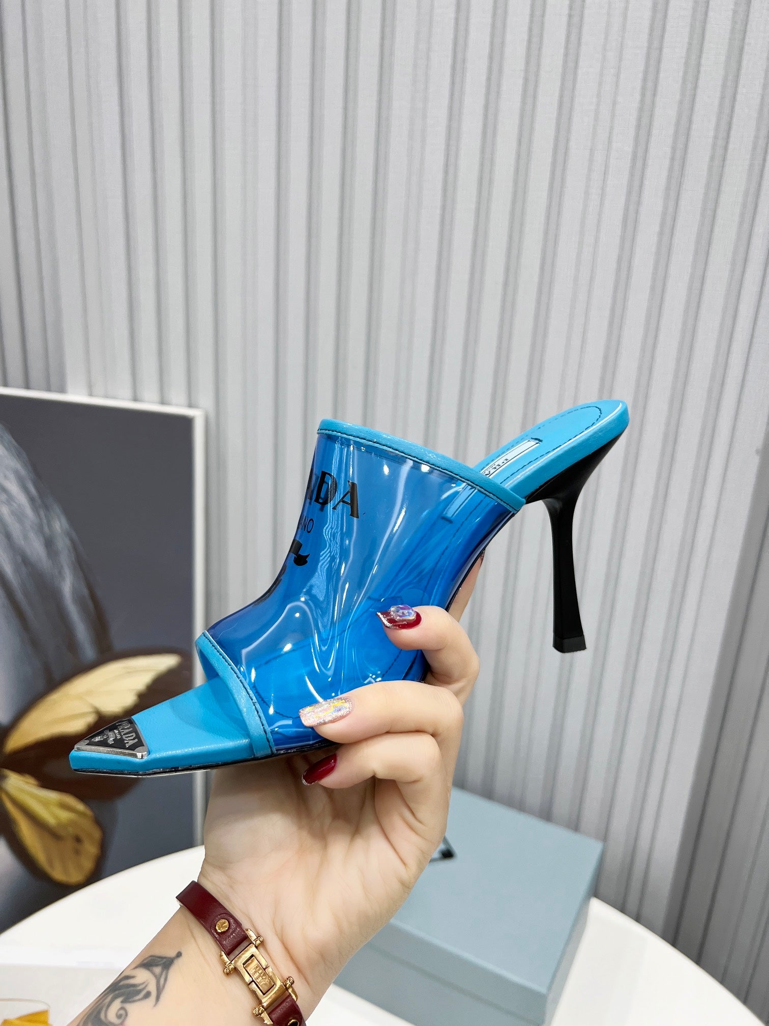 [TOP] PRADA Logo-print Plexiglas High-heel Slides - Blue