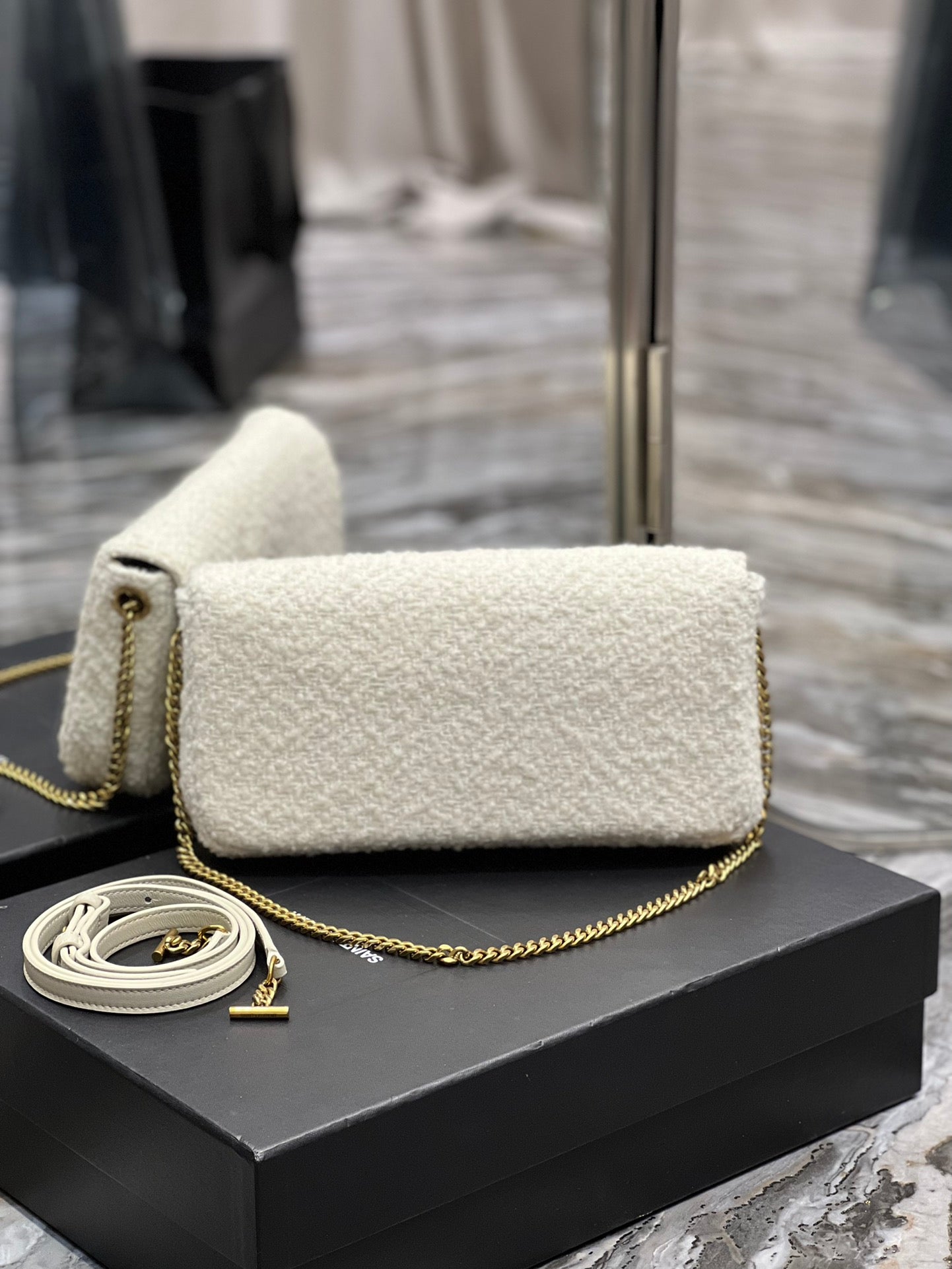 [TOP] Yves Saint Laurent YSL Kate Boucle Tassel Medium Bag - Off White