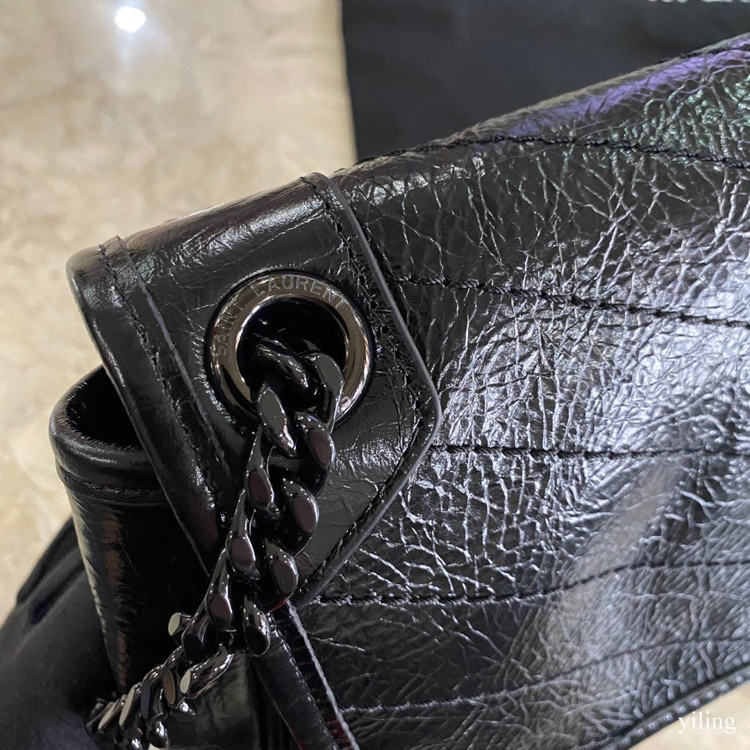 [TOP] Yves Saint Laurent YSL Medium Niki Wrinkles Leather Bag - Black on Black