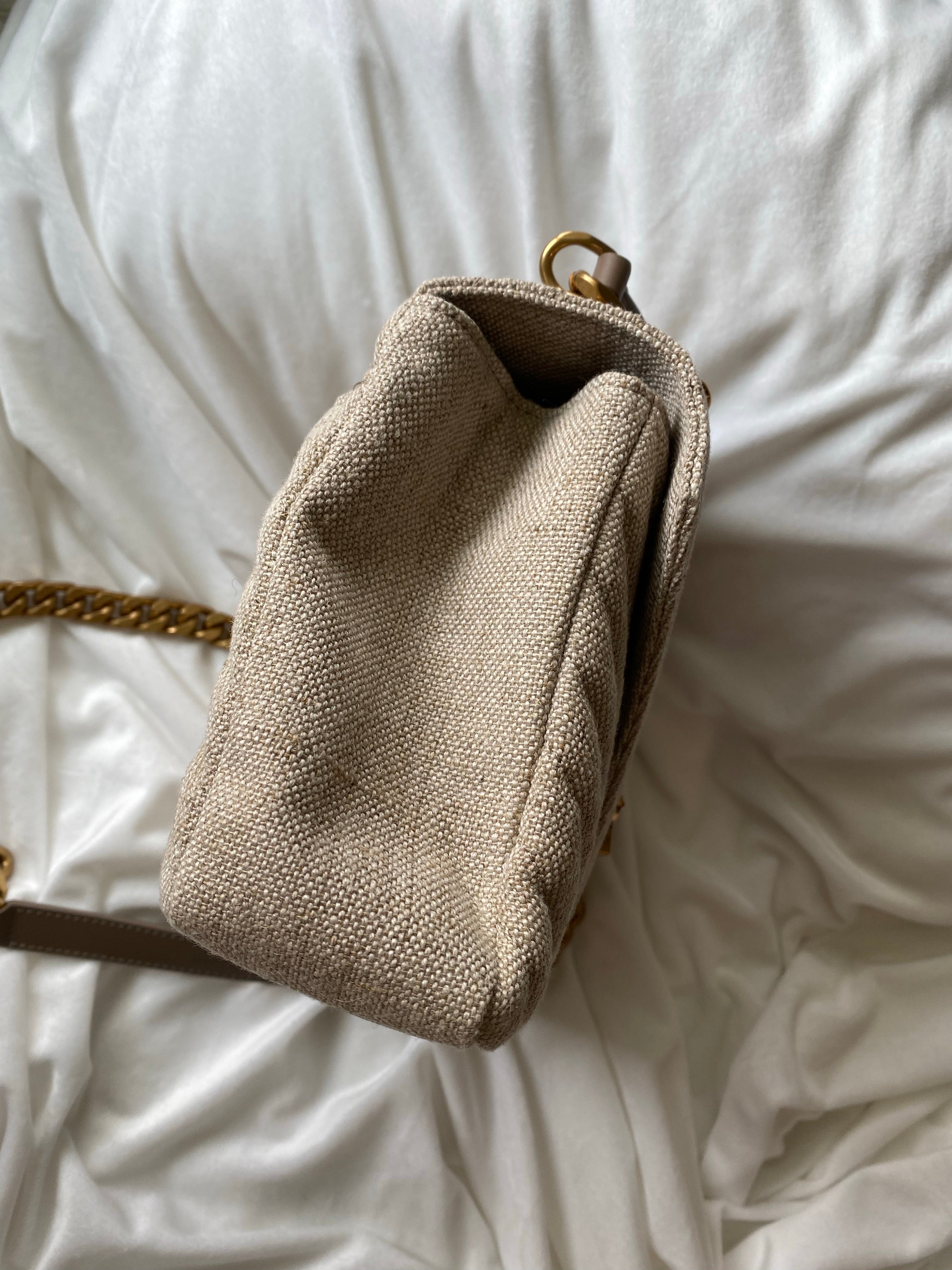[TOP] Yves Saint Laurent YSL College Quilted Canvas Bag - Natural Taupe