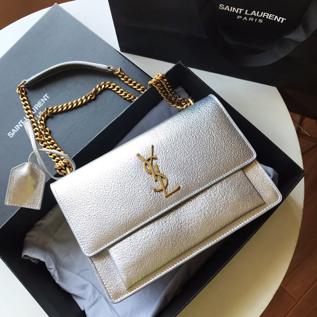 [TOP] Yves Saint Laurent YSL Sunset Metallic Small Bag 22×16×8 cm - Silver