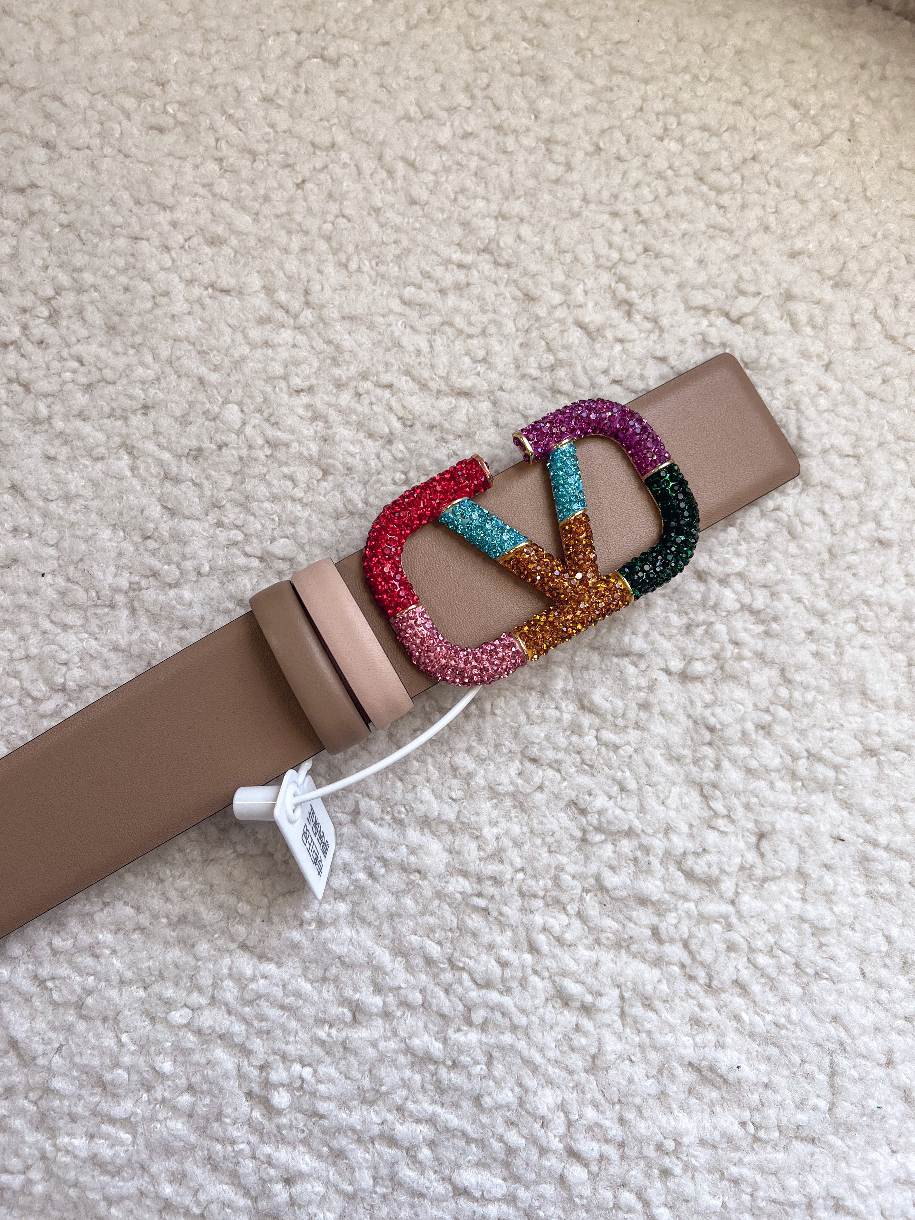 [TOP] VALENTINO  VLOGO Reversible Jewel Belt - Pink/Tan