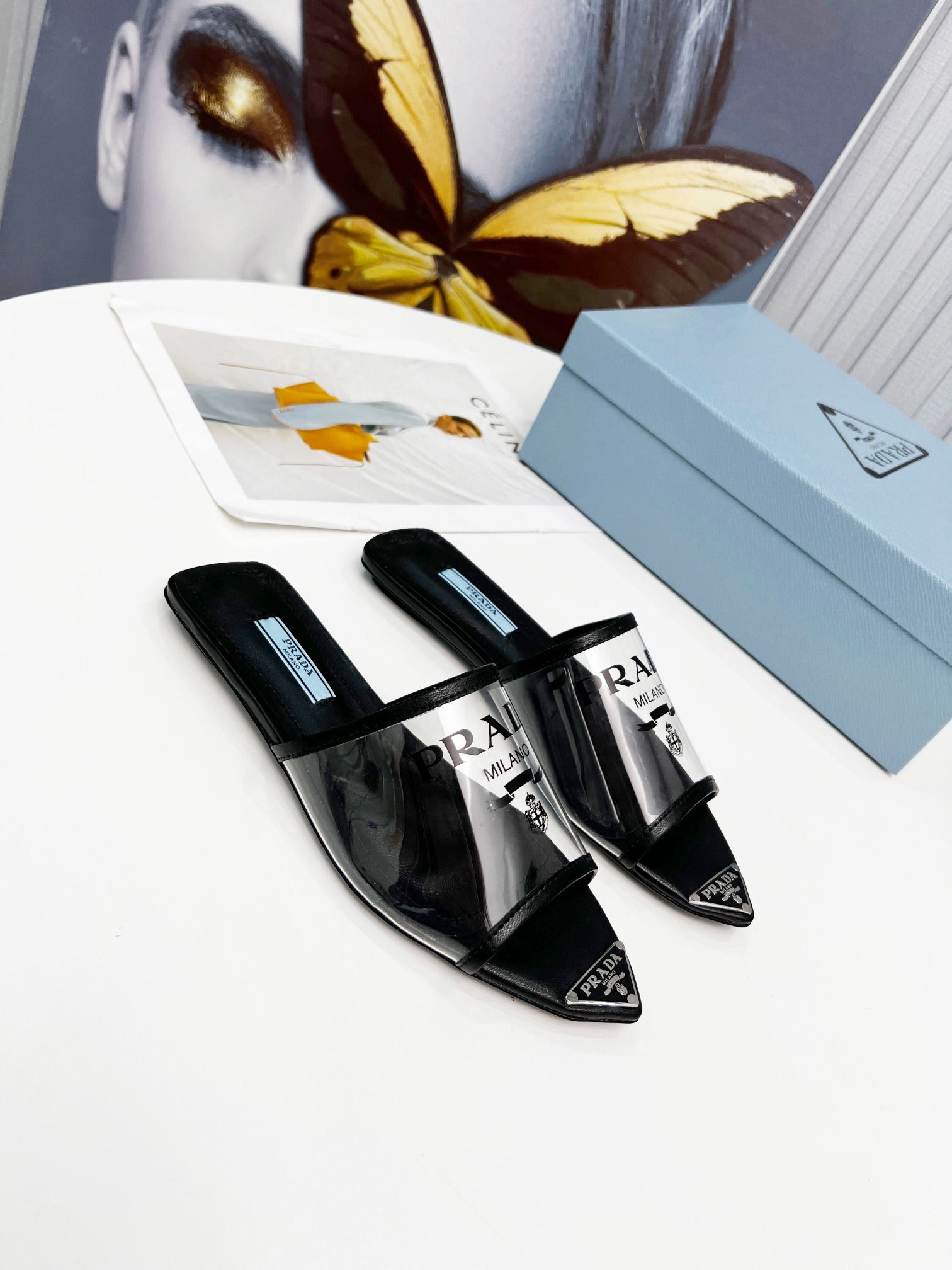 [TOP] PRADA Logo-print Plexiglas High-heel Slides - Black