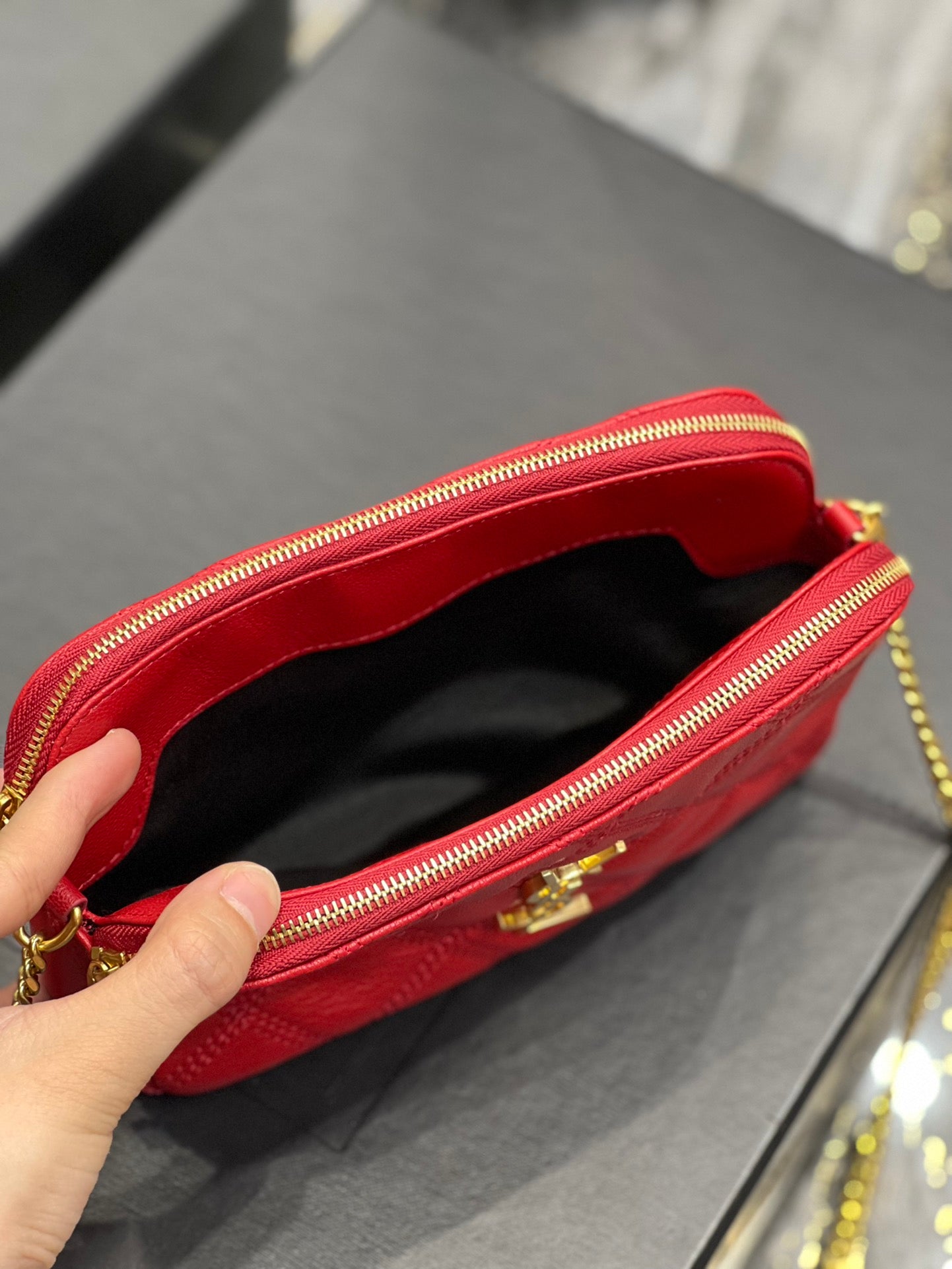 [TOP] Yves Saint Laurent YSL Beckly Double Zip Pouch Bag - Red GHW
