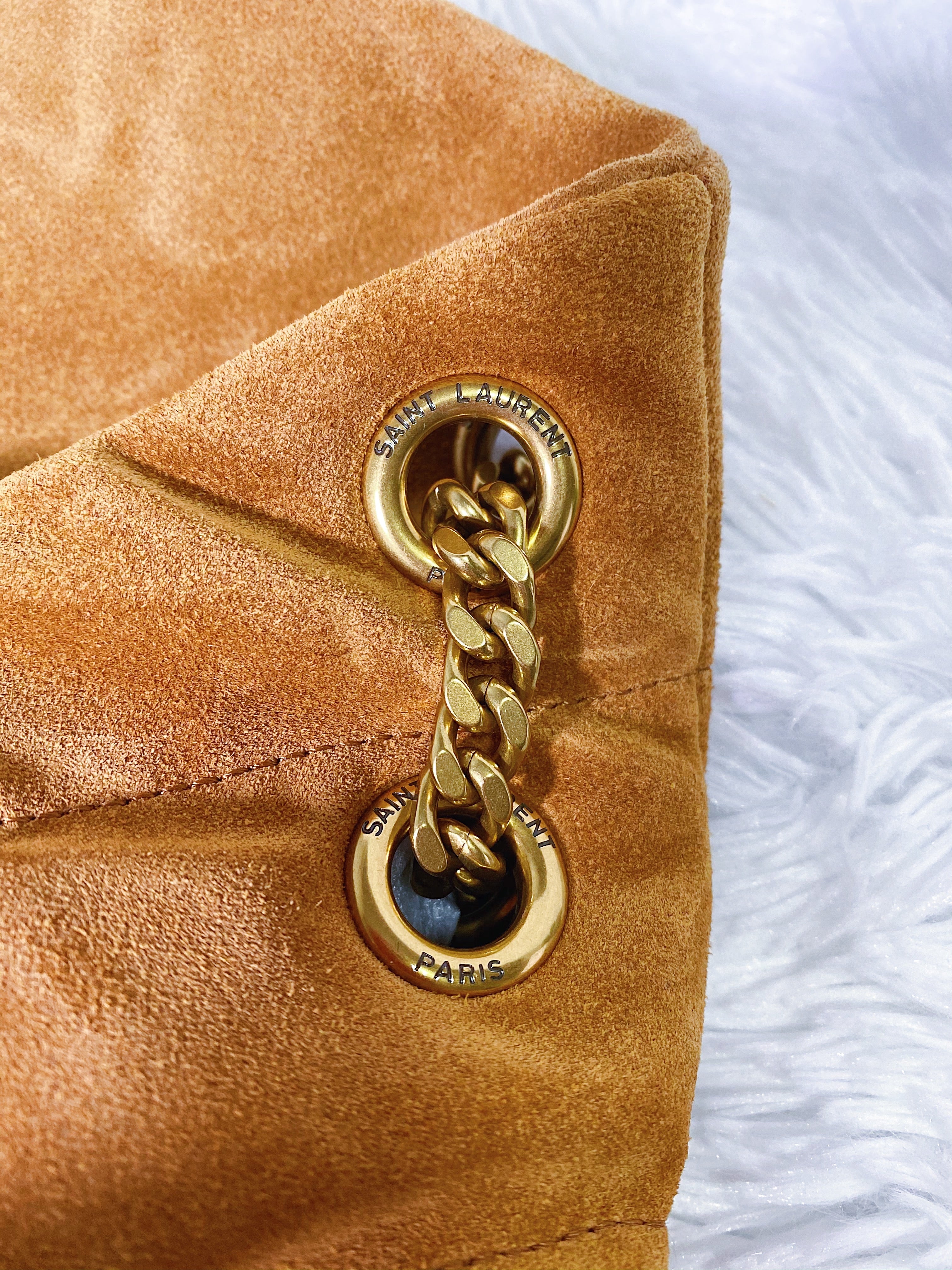 [TOP] Yves Saint Laurent YSL Loulou Puffer Small Suede - Tan